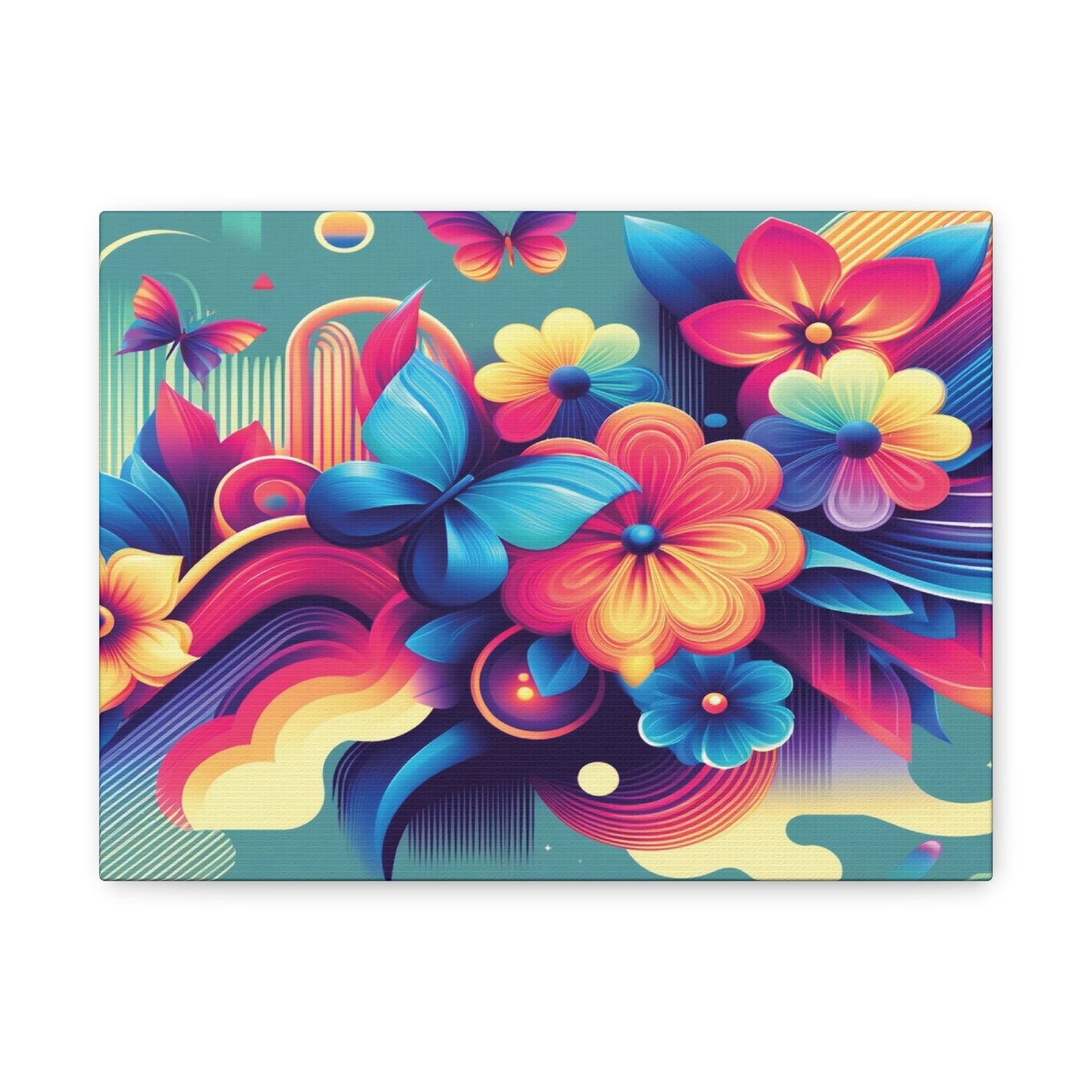 Canvas artwork featuring a vibrant abstract design of multicolored flowers, butterflies, and dynamic swirls in bright neon tones of blue, pink, orange, and yellow.