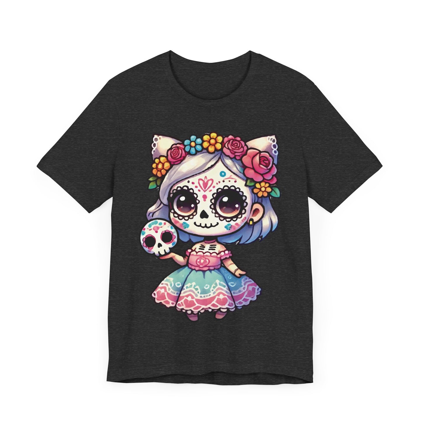 Kawaii Cat Sugar Skull Girl T-Shirt – Cute Day of the Dead Cat Girl Tee – Dia de los Muertos Shirt