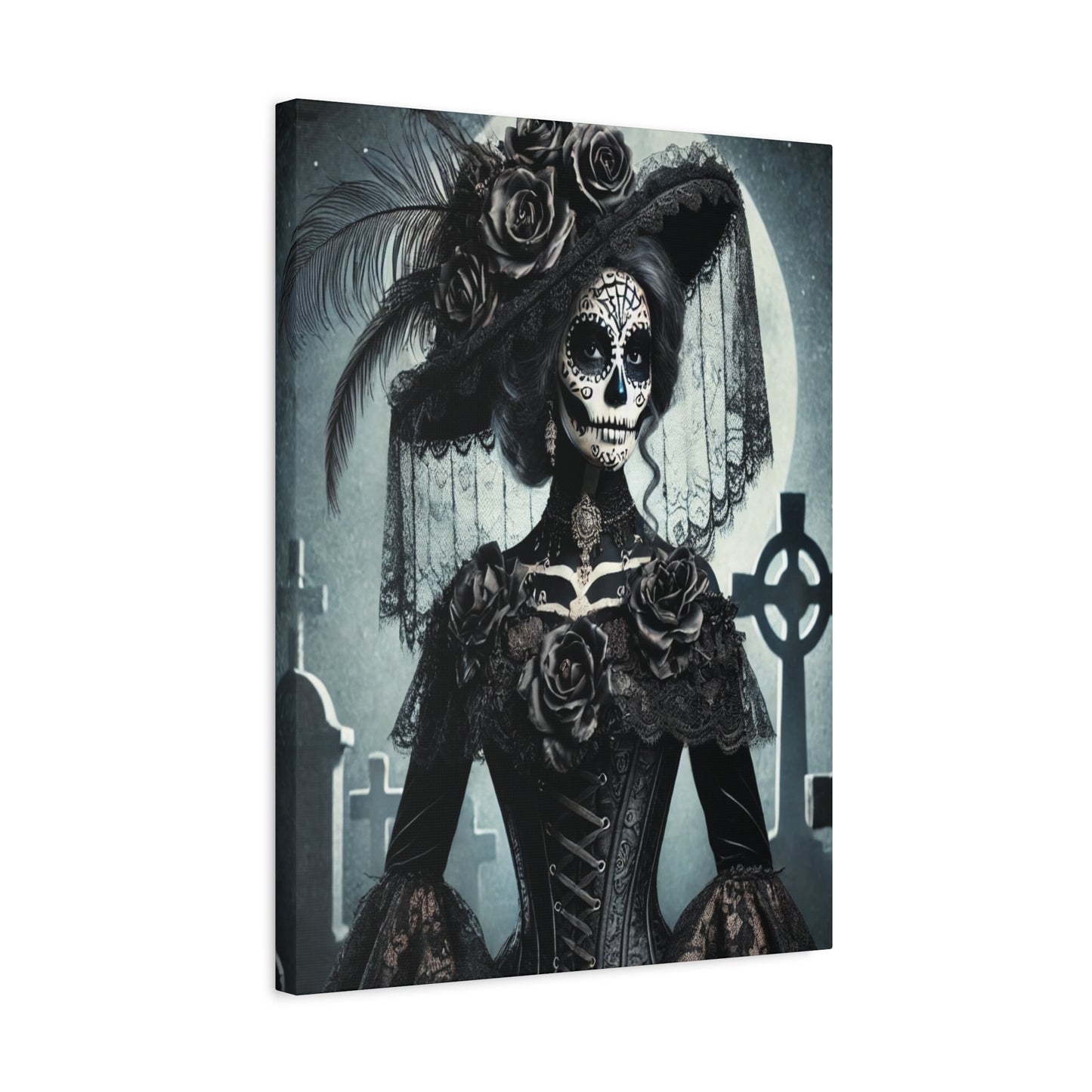 Gothic Day of the Dead Canvas Art – Elegant Sugar Skull Woman in Victorian Dress