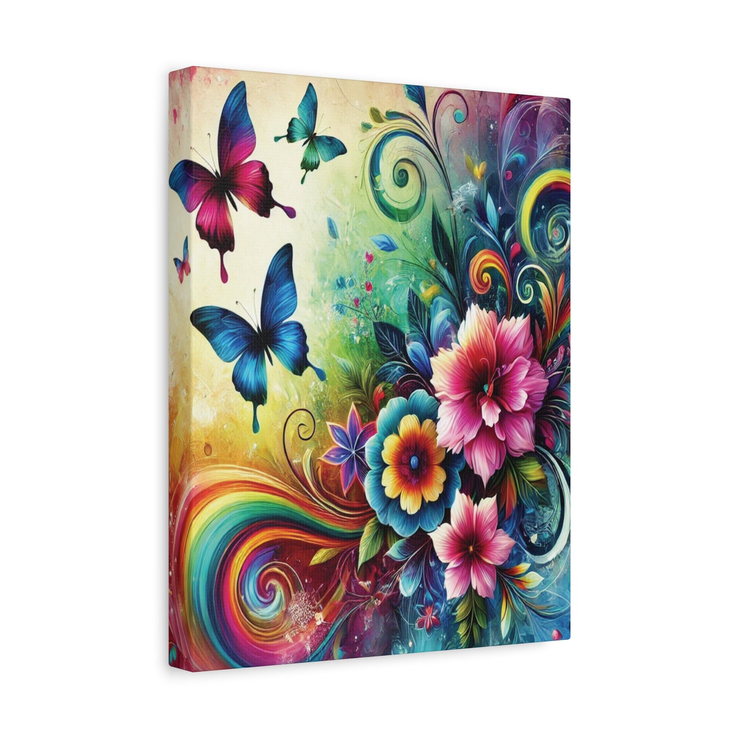 Whimsical Rainbow Floral Canvas – Colorful Flowers & Butterflies Wall Art