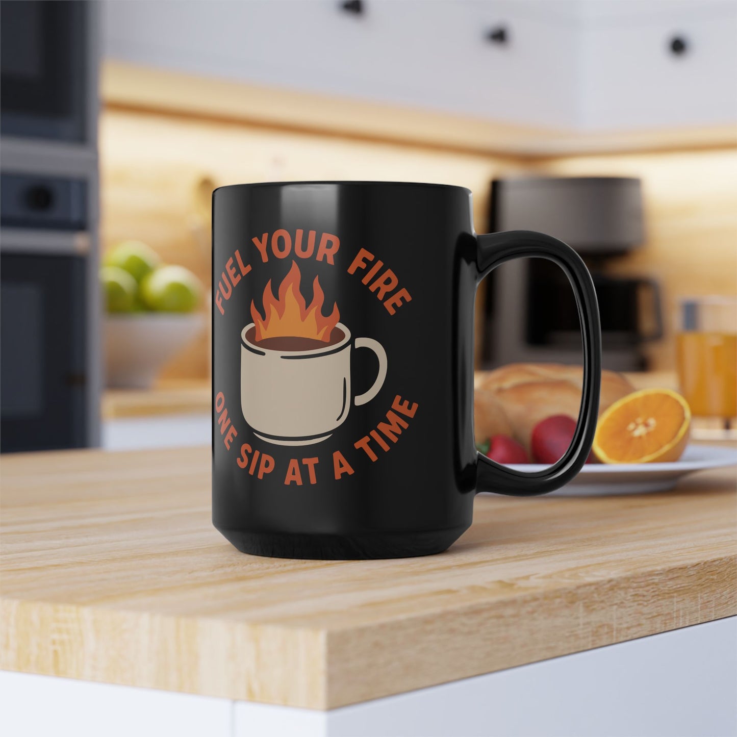 Motivational Coffee Mug – "Fuel Your Fire One Sip at a Time" – Black Ceramic Mug