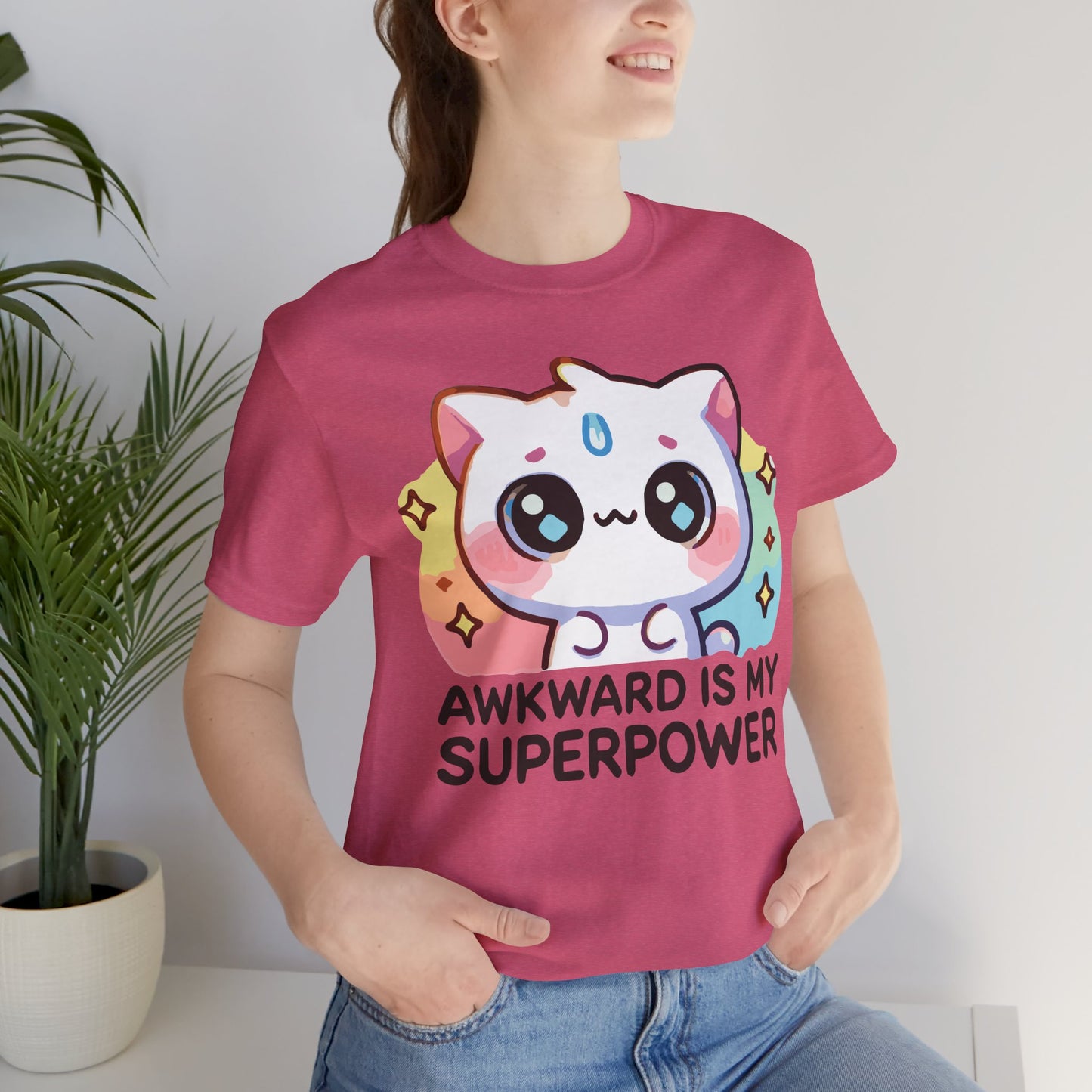 Kawaii Cat “Awkward Is My Superpower” T-Shirt – Cute Pastel Anime Style Tee