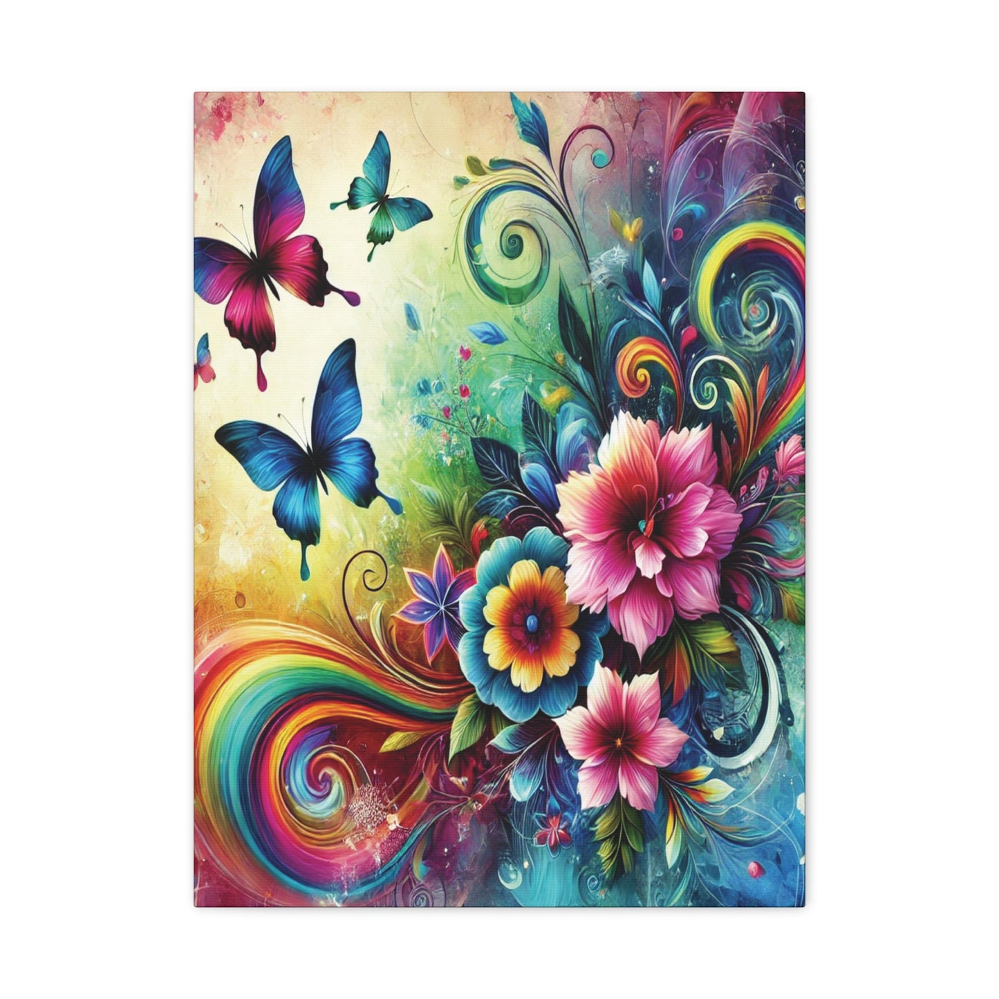 Whimsical Rainbow Floral Canvas – Colorful Flowers & Butterflies Wall Art