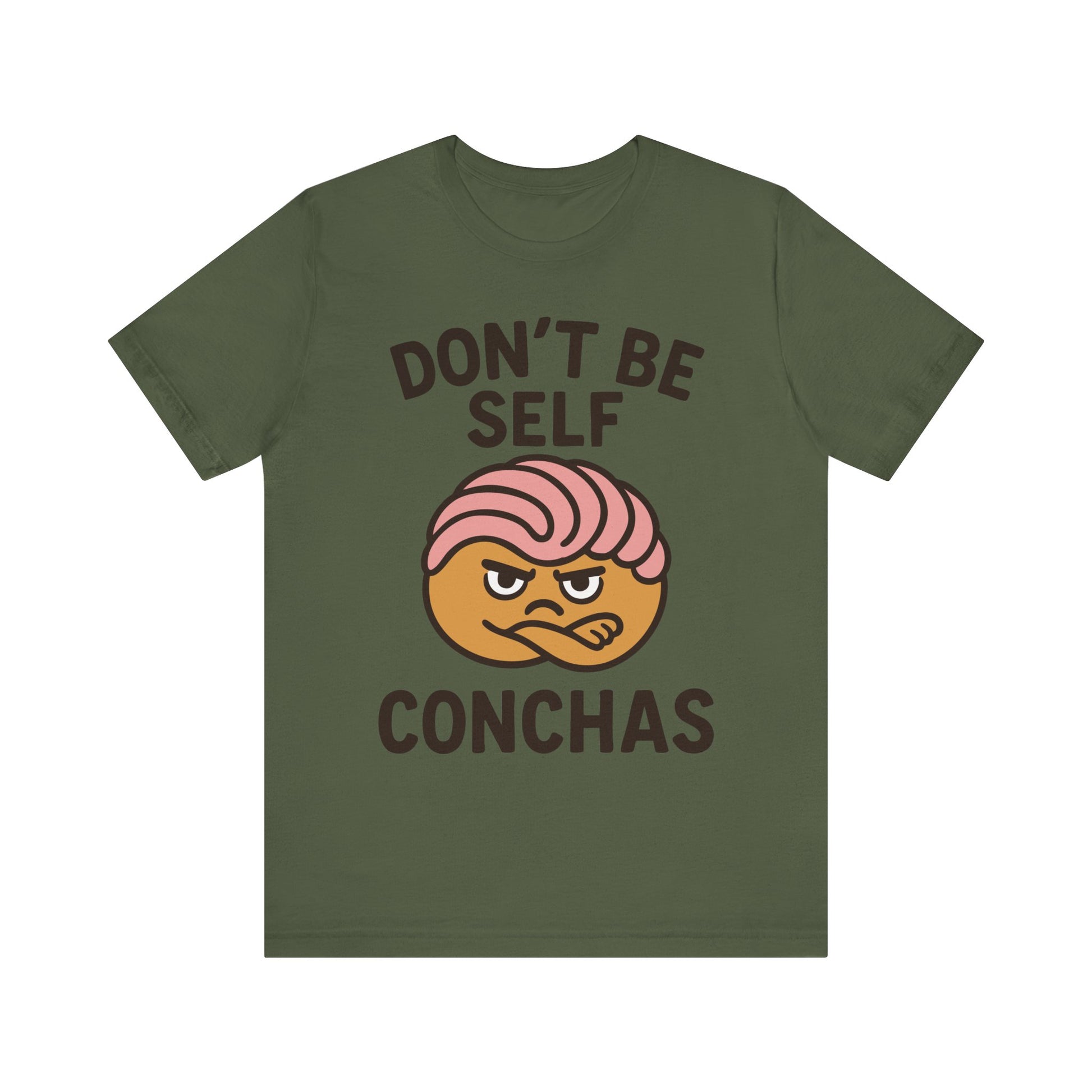Olive green t-shirt with 'Don’t Be Self Conchas' text and a pink concha pastry graphic in the center