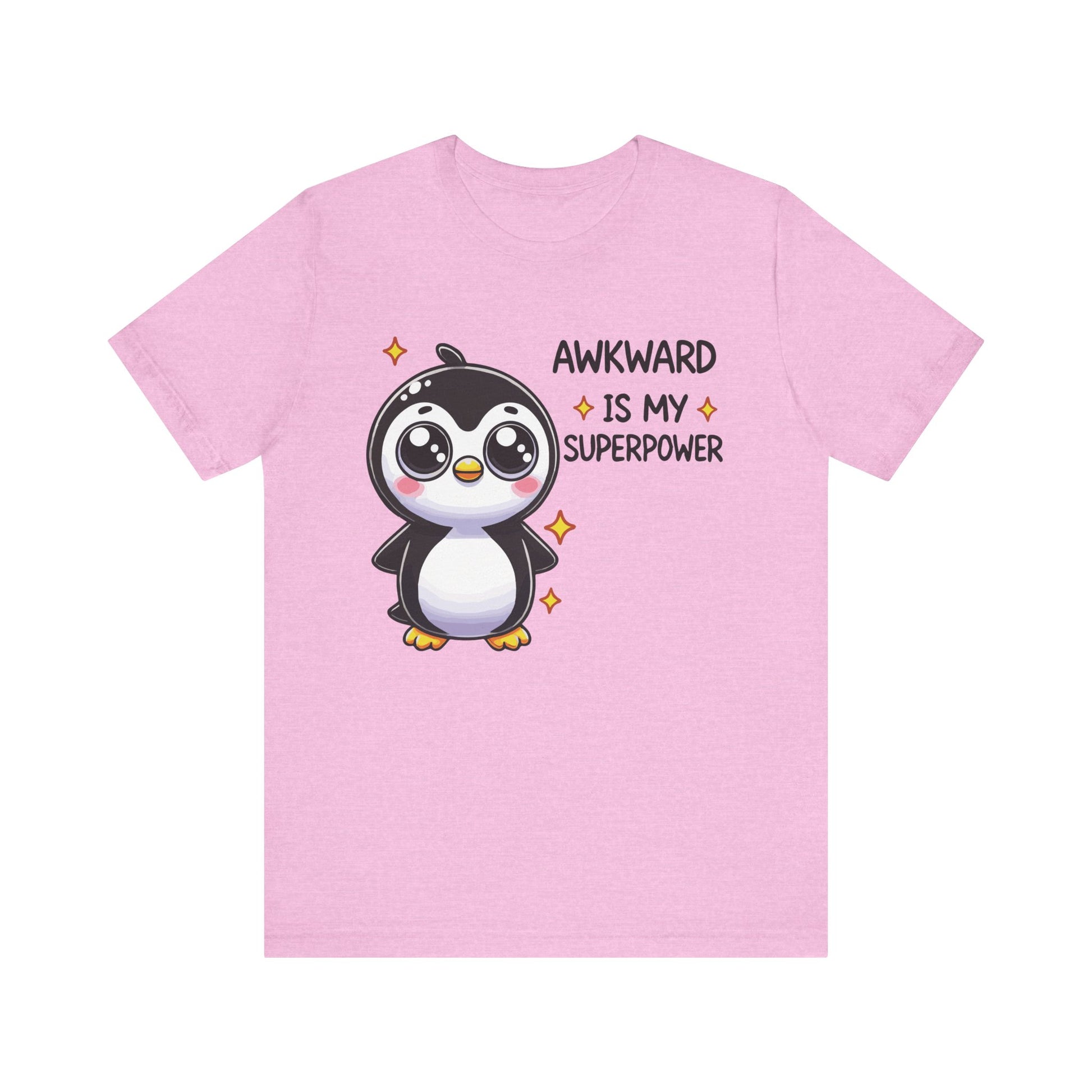 Heather bubblegum pink t-shirt with a smiling penguin and funny sparkle-embellished text: "Awkward Is My Superpower."
