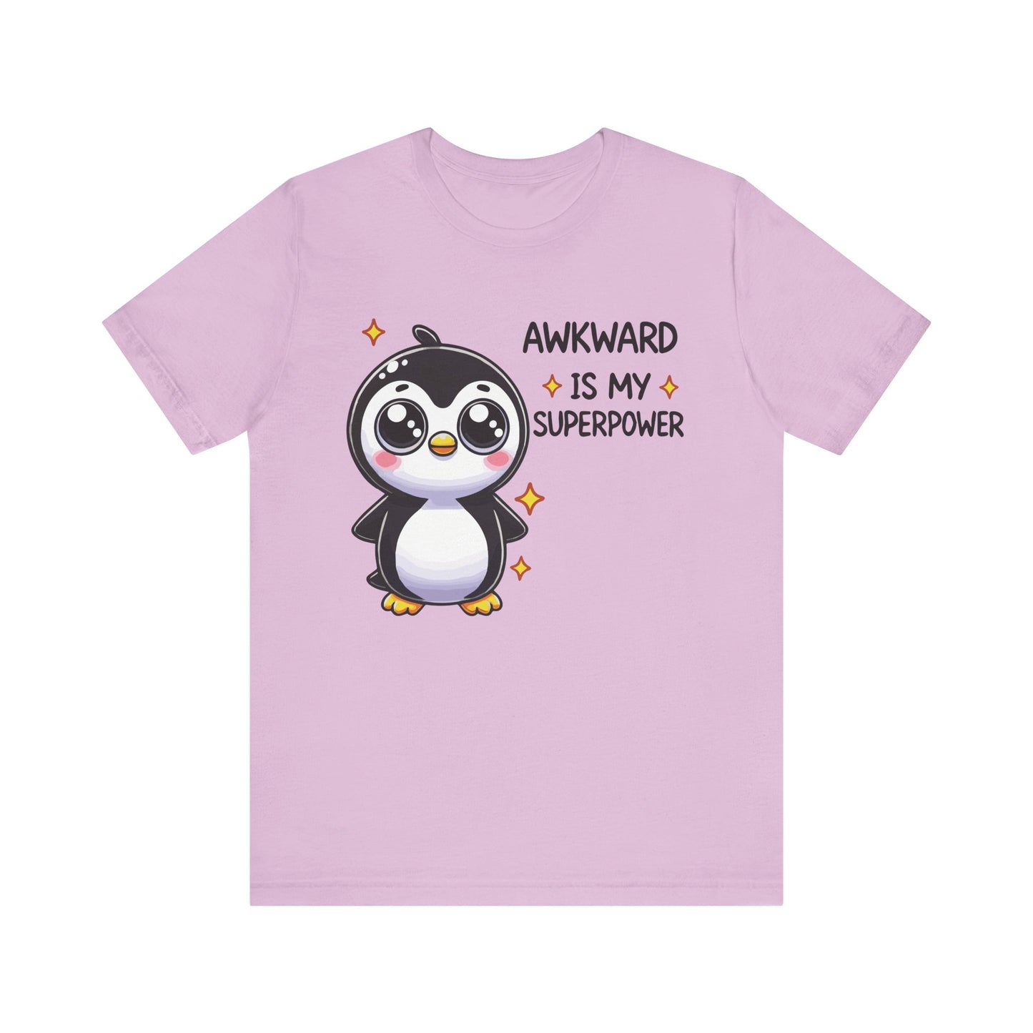 Lilac t-shirt featuring an adorable penguin character with the phrase "Awkward Is My Superpower" in fun white and orange text.

