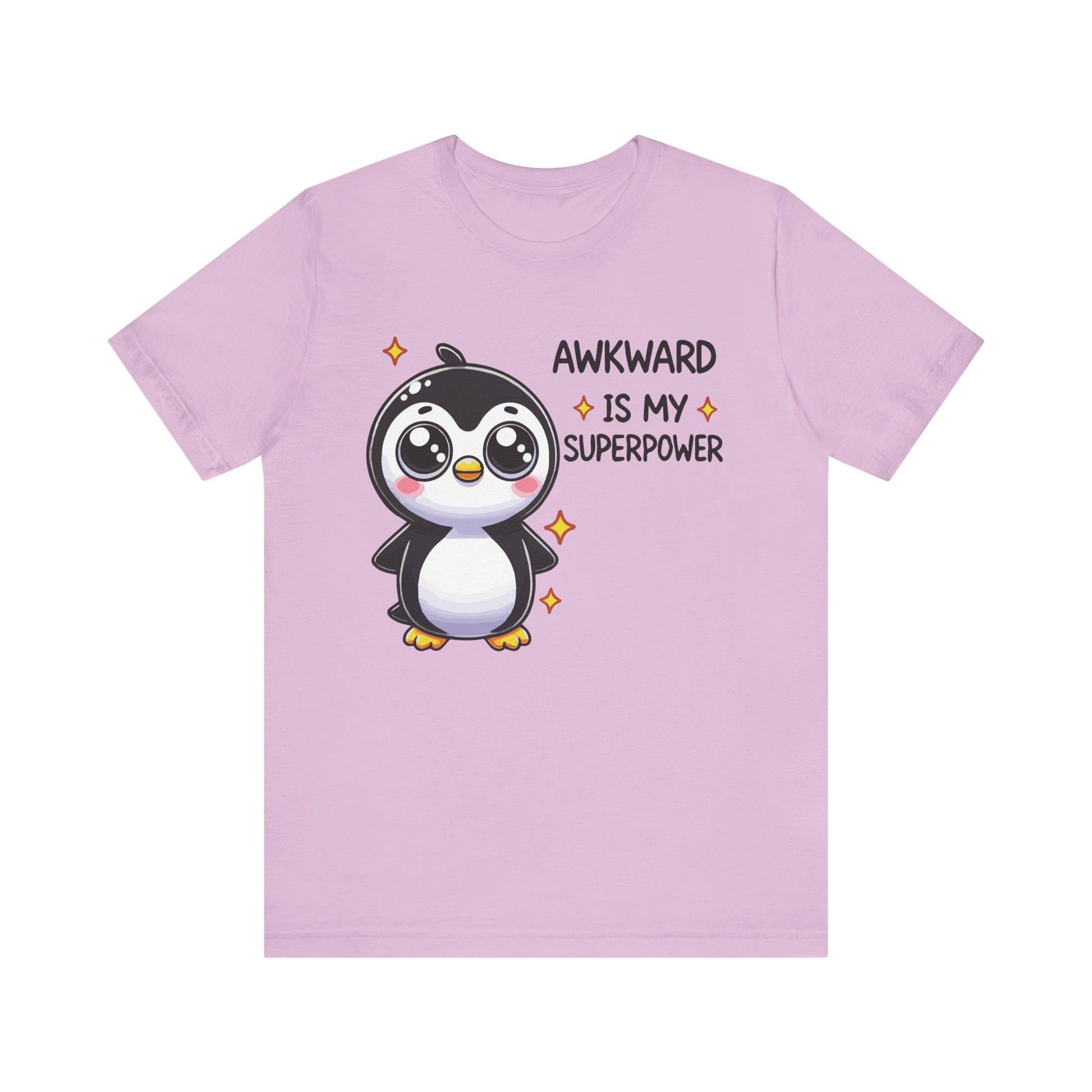 Lilac t-shirt featuring an adorable penguin character with the phrase "Awkward Is My Superpower" in fun white and orange text.

