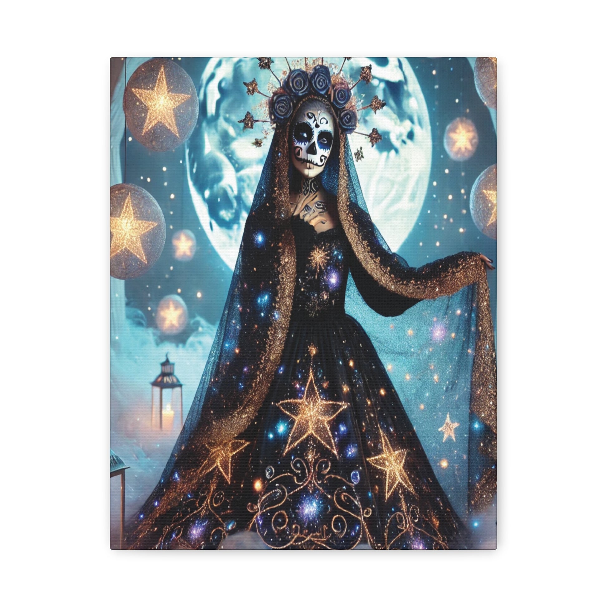 Canvas art featuring a mystical woman in a celestial gown decorated with stars, wearing a sugar skull face and cosmic headpiece, set against a glowing moonlit sky with floating star lanterns.

