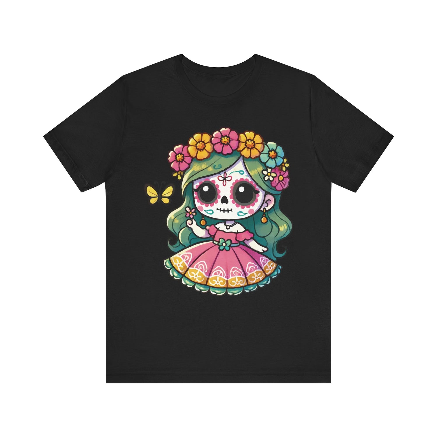 Black t-shirt with a cute chibi sugar skull girl wearing a pink traditional Mexican dress, flower crown with yellow, pink, and blue flowers, green hair, and a small yellow butterfly.

