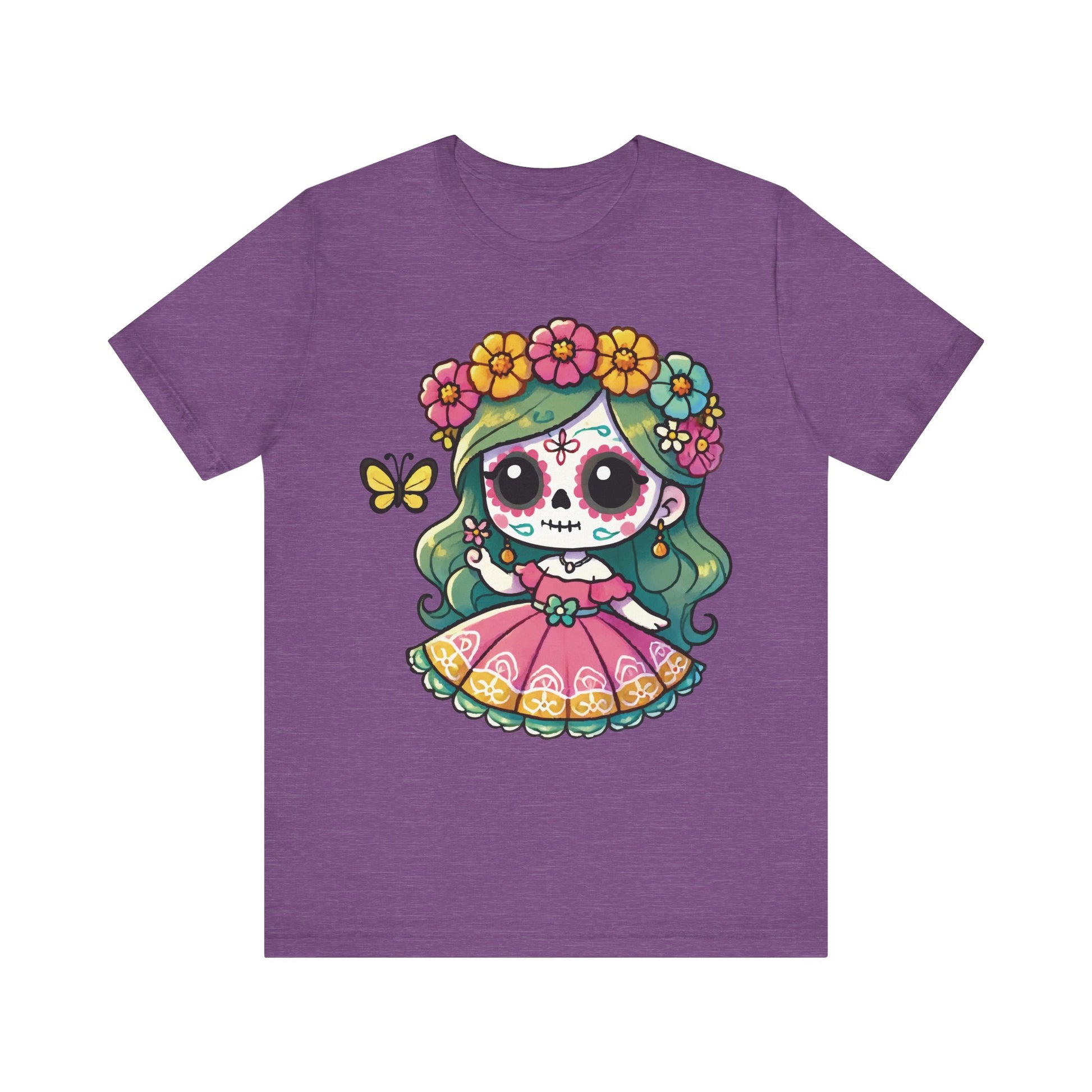 Team purple t-shirt with cute chibi sugar skull girl, green hair, pink traditional dress, colorful flower crown, and butterfly.
