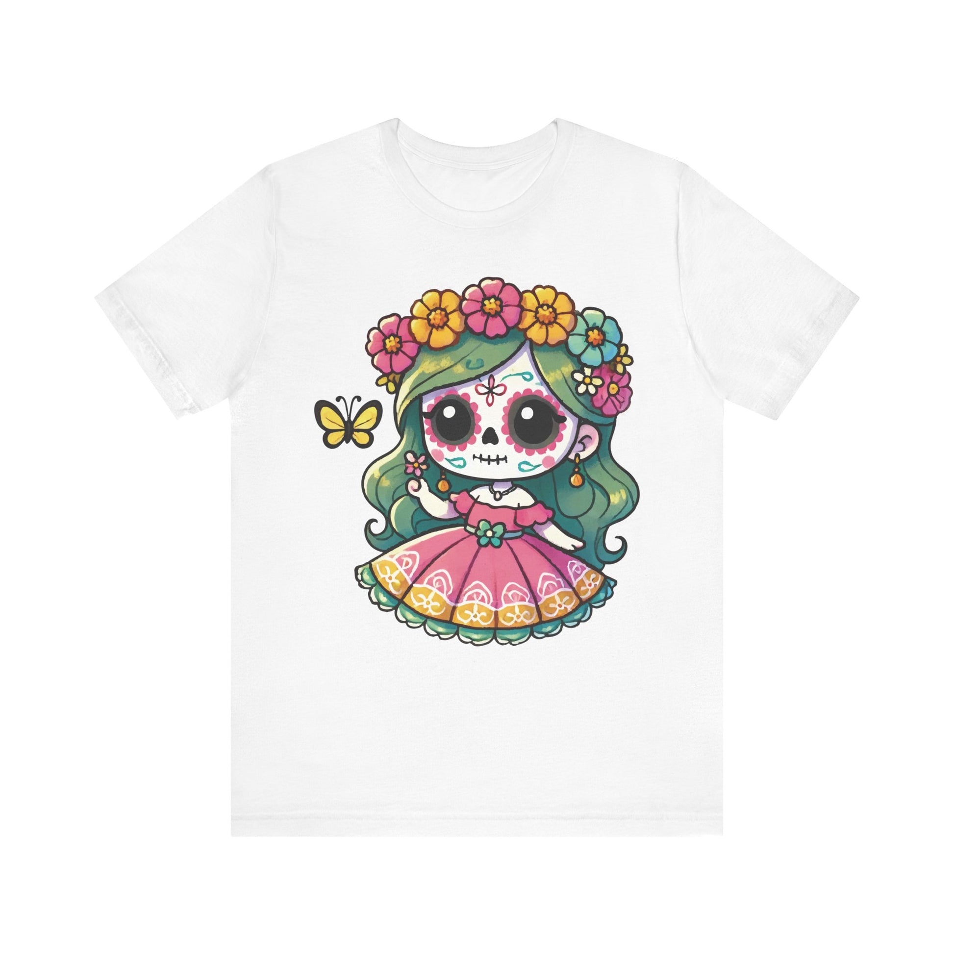 White t-shirt with a cute chibi sugar skull girl, green hair, pink folk dress, colorful flower crown, and a small yellow butterfly.
