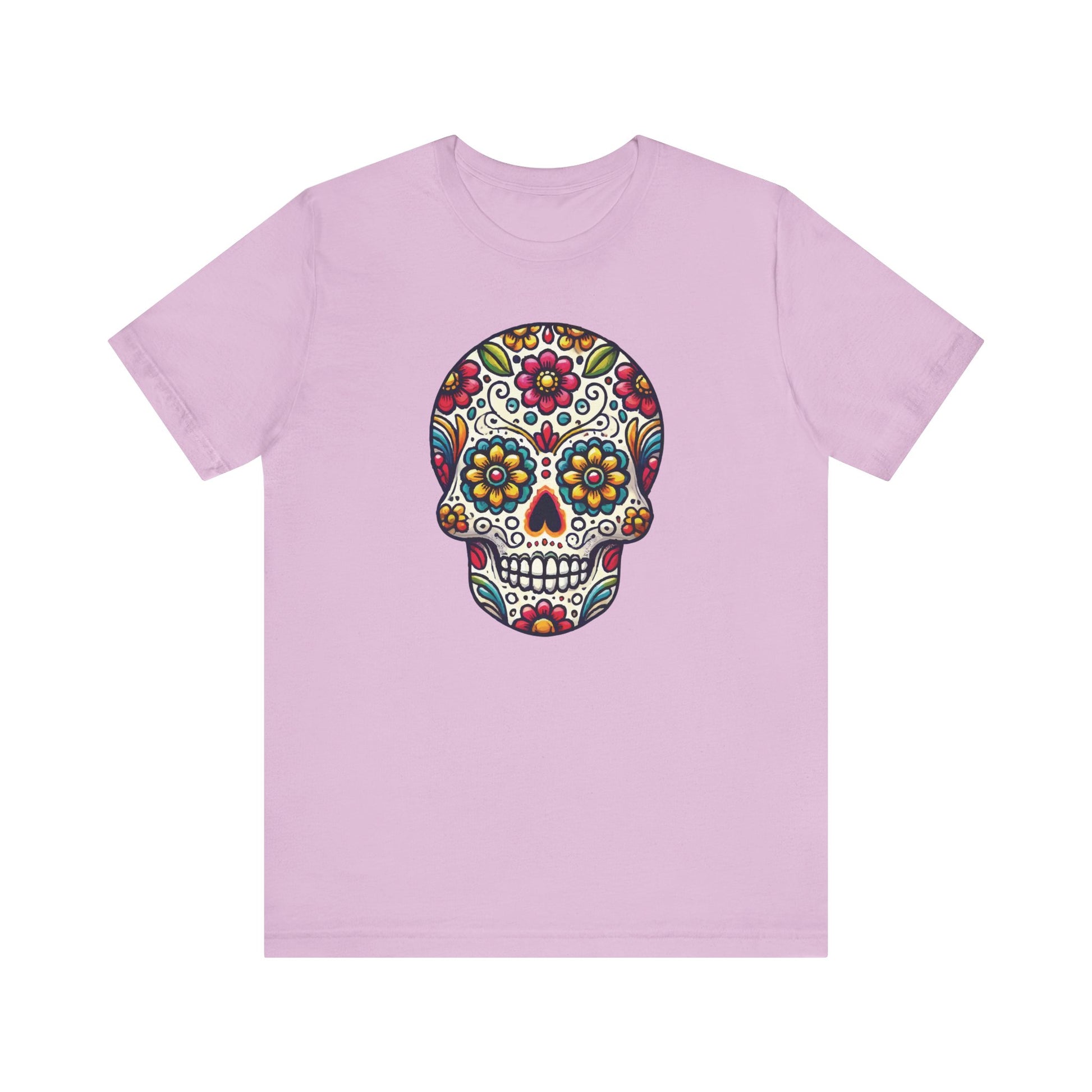 Heather bubble gum pink t-shirt displaying a floral-decorated sugar skull in vibrant Mexican-inspired colors.

