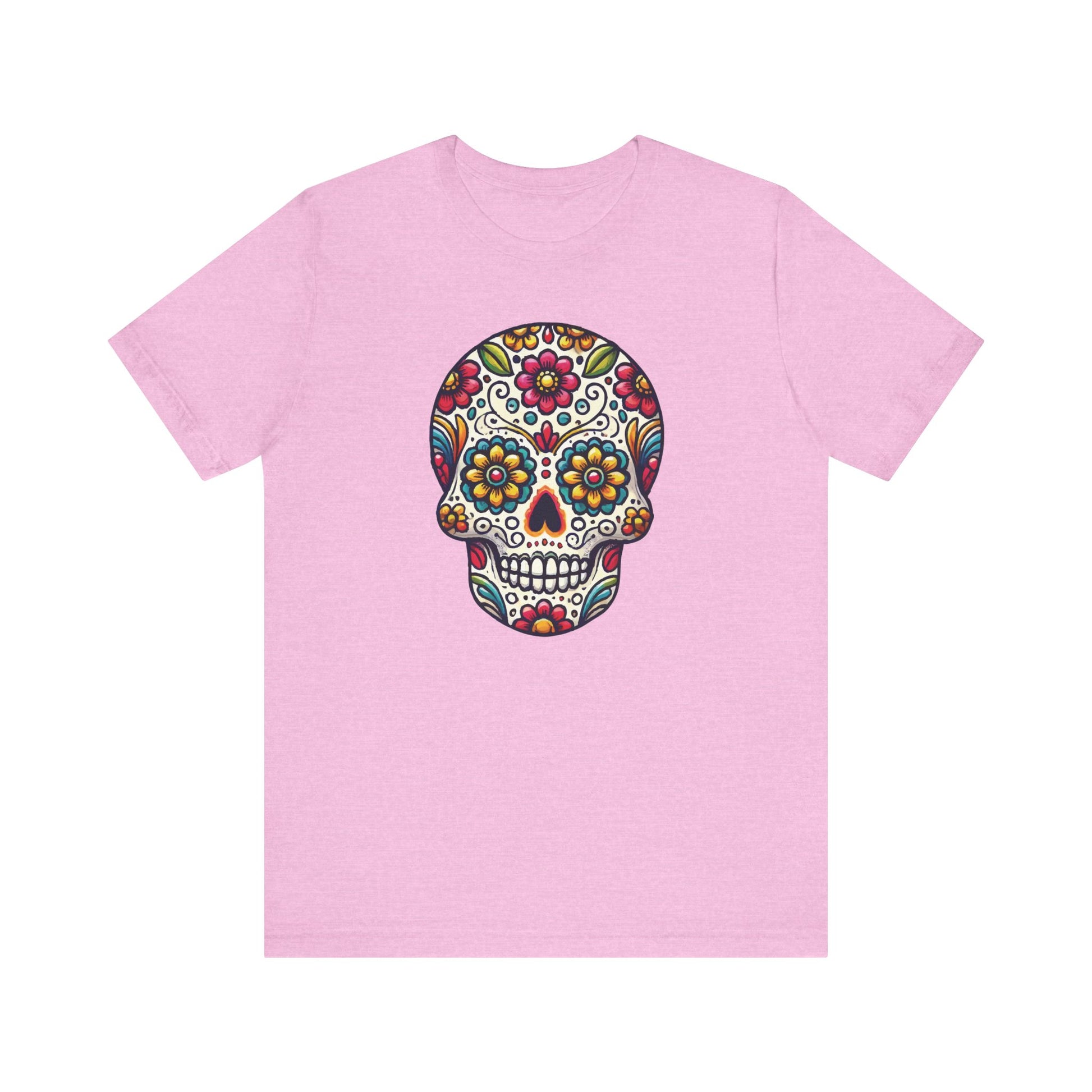 Lilac t-shirt with a detailed and bright sugar skull graphic, highlighted by multicolor flowers and folk art motifs.
