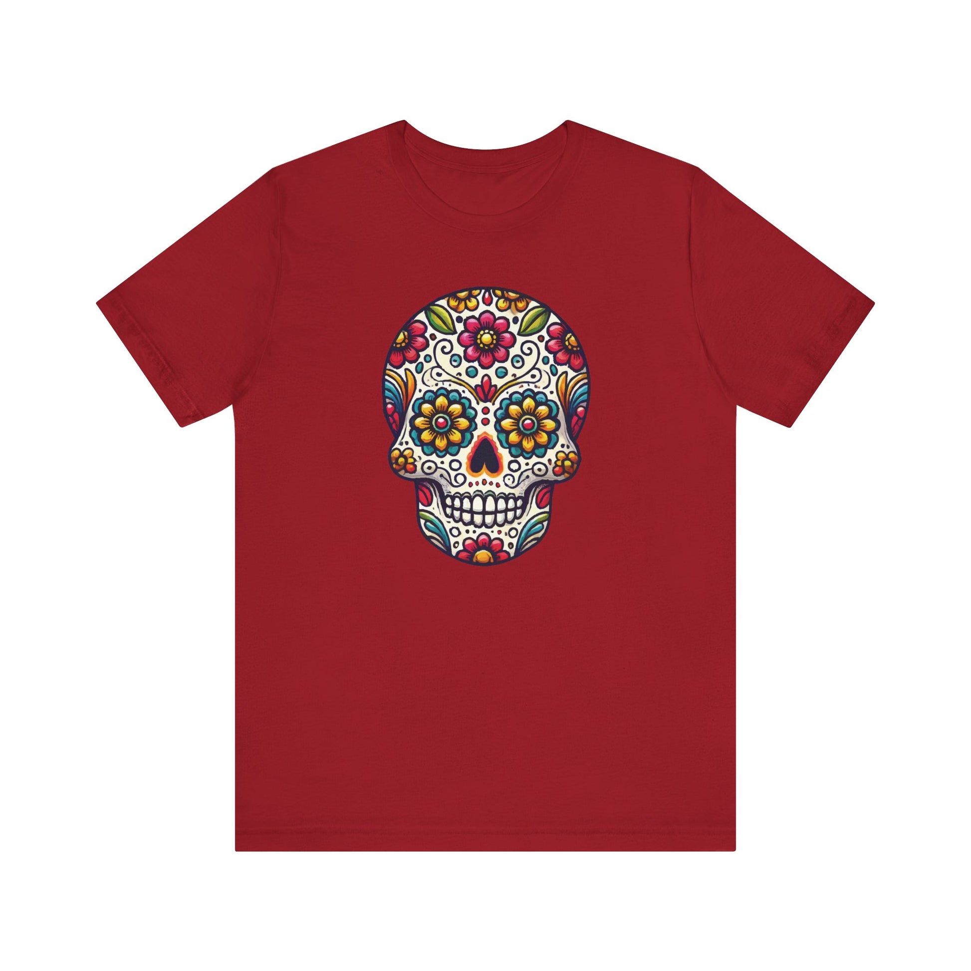 Red t-shirt featuring a striking sugar skull design with vibrant floral patterns in bold, festive colors inspired by Día de los Muertos.

