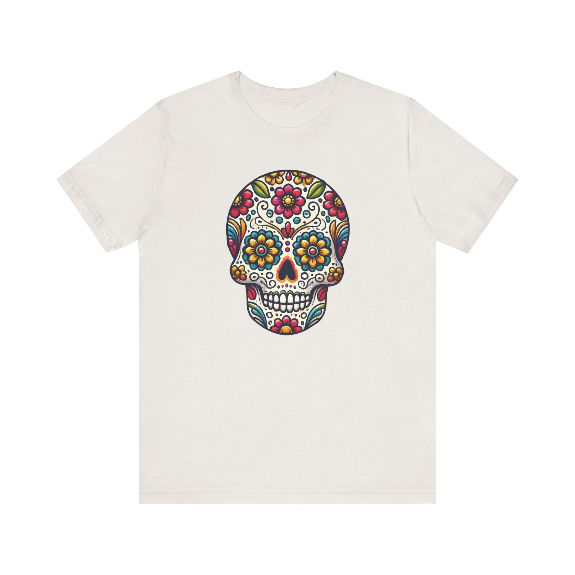 Vintage white t-shirt with a colorful sugar skull centerpiece filled with traditional Mexican floral and swirl details.
