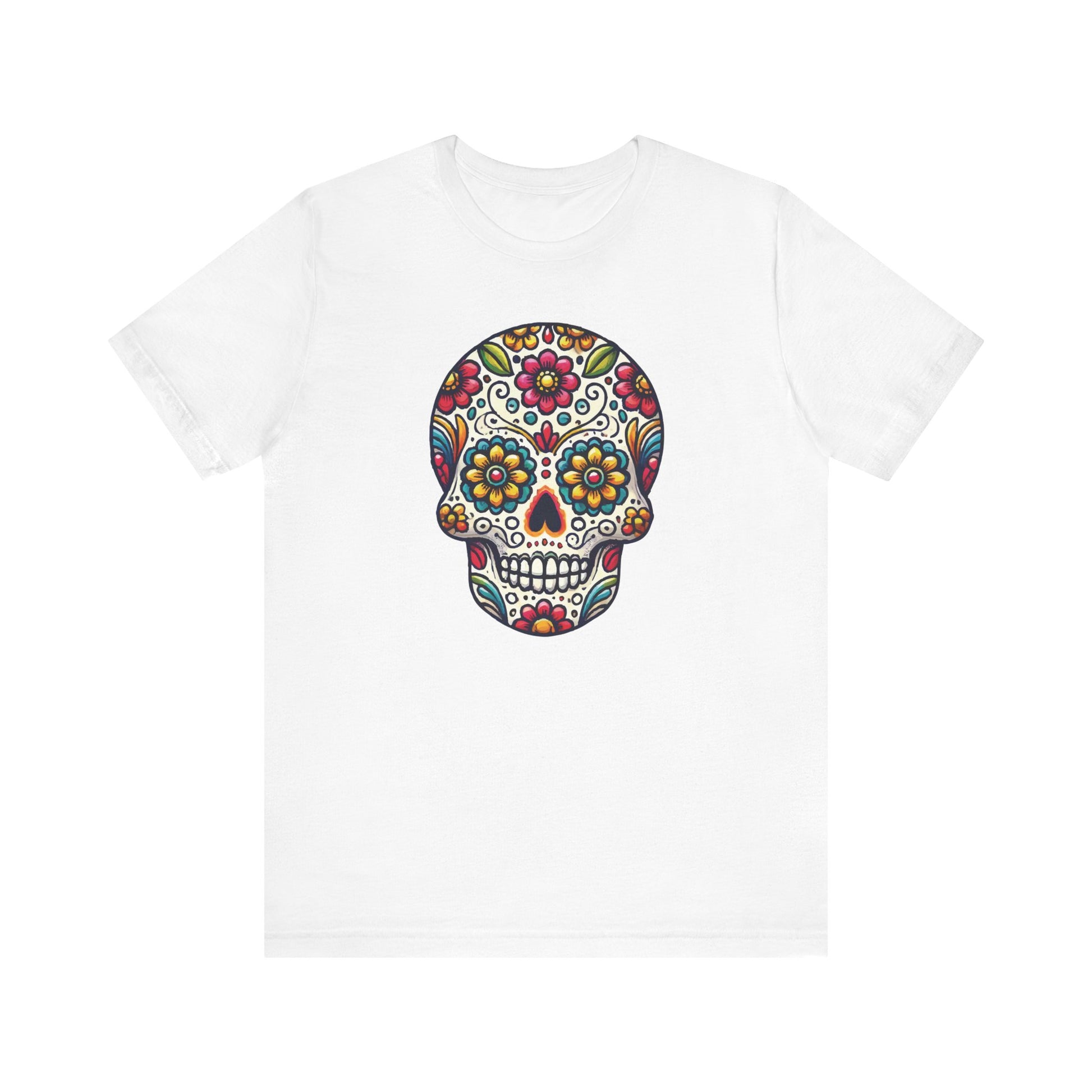 White t-shirt featuring a vibrant sugar skull design decorated with bold floral patterns inspired by Día de los Muertos.
