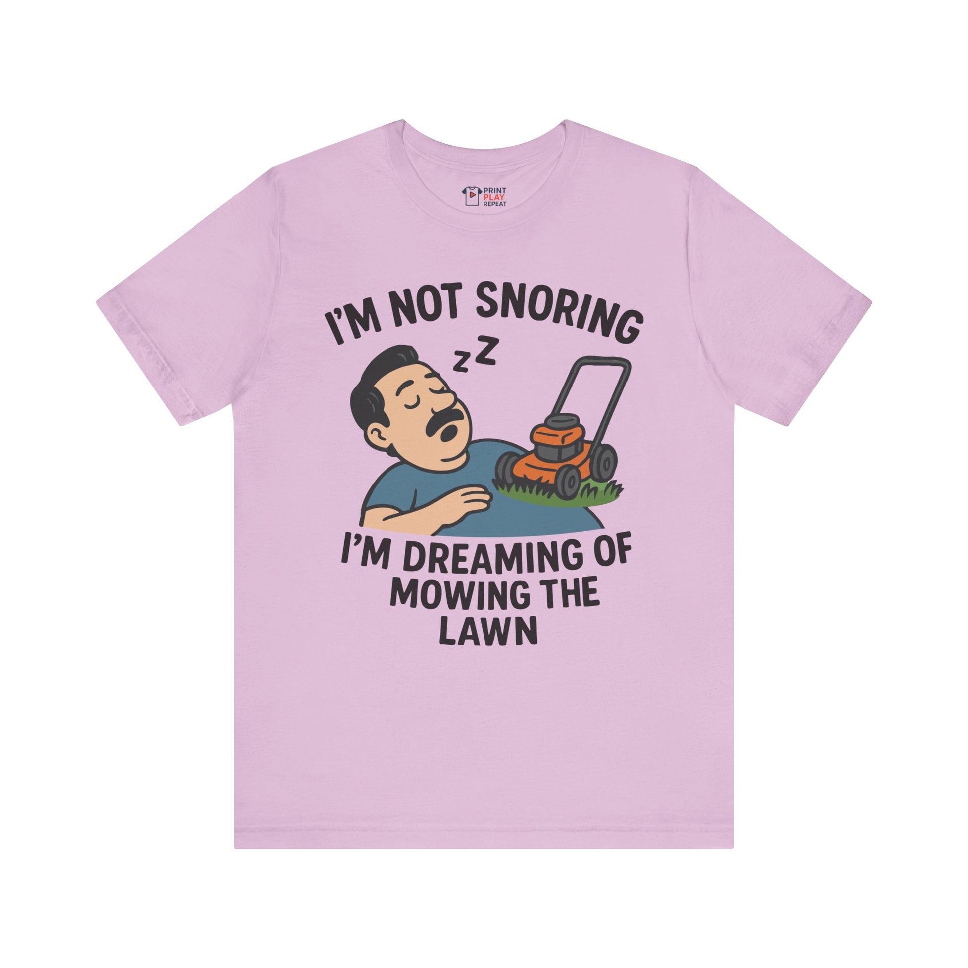 Light lilac t-shirt featuring a comical cartoon and lawn mowing dream quote, perfect for yard work humor fans.
