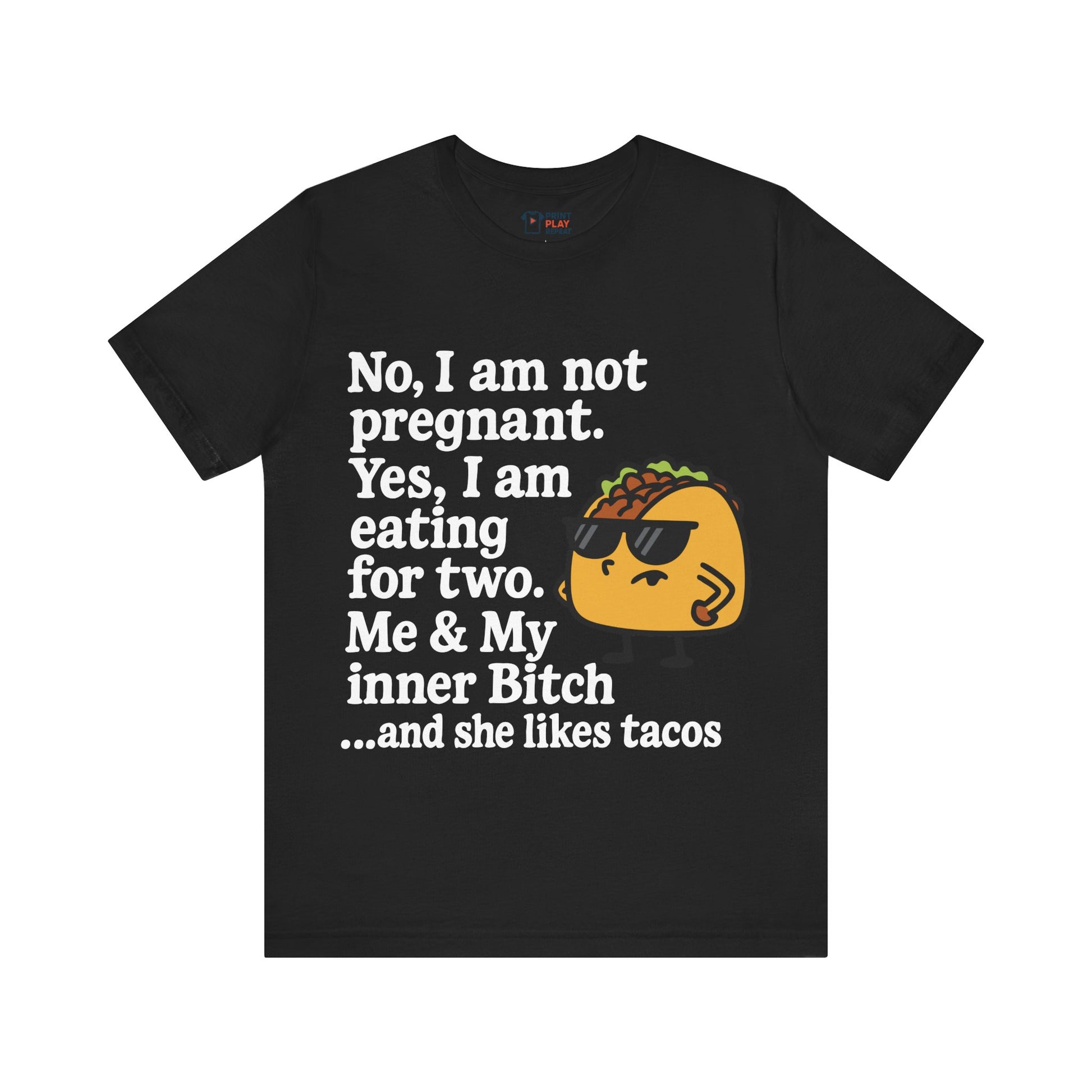 Black t-shirt with edgy white text and a cool taco graphic with sunglasses.
