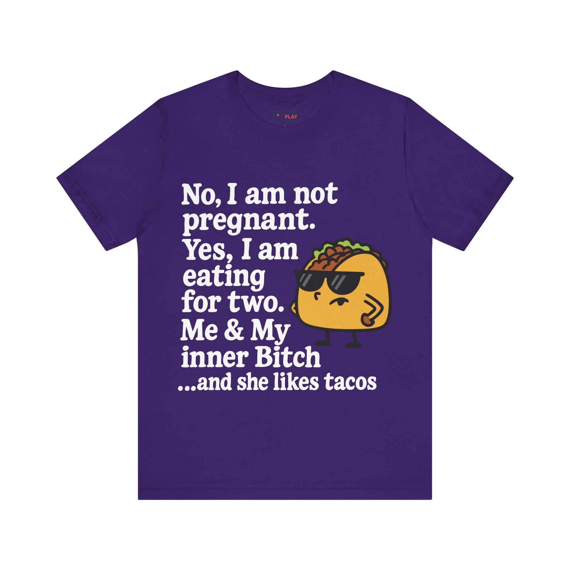 Solid team purple t-shirt with fun foodie message and taco graphic in sunglasses.
