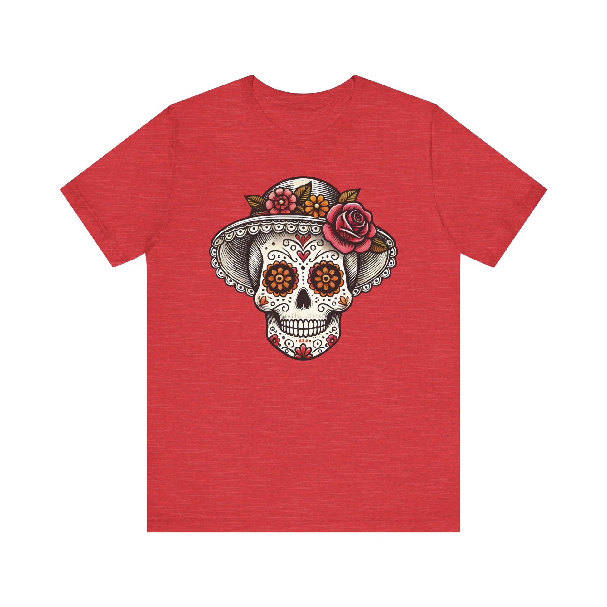 Heather red t-shirt featuring a detailed and elegant lady sugar skull with a rose-decorated hat, inspired by La Catrina and Mexican folk art.

