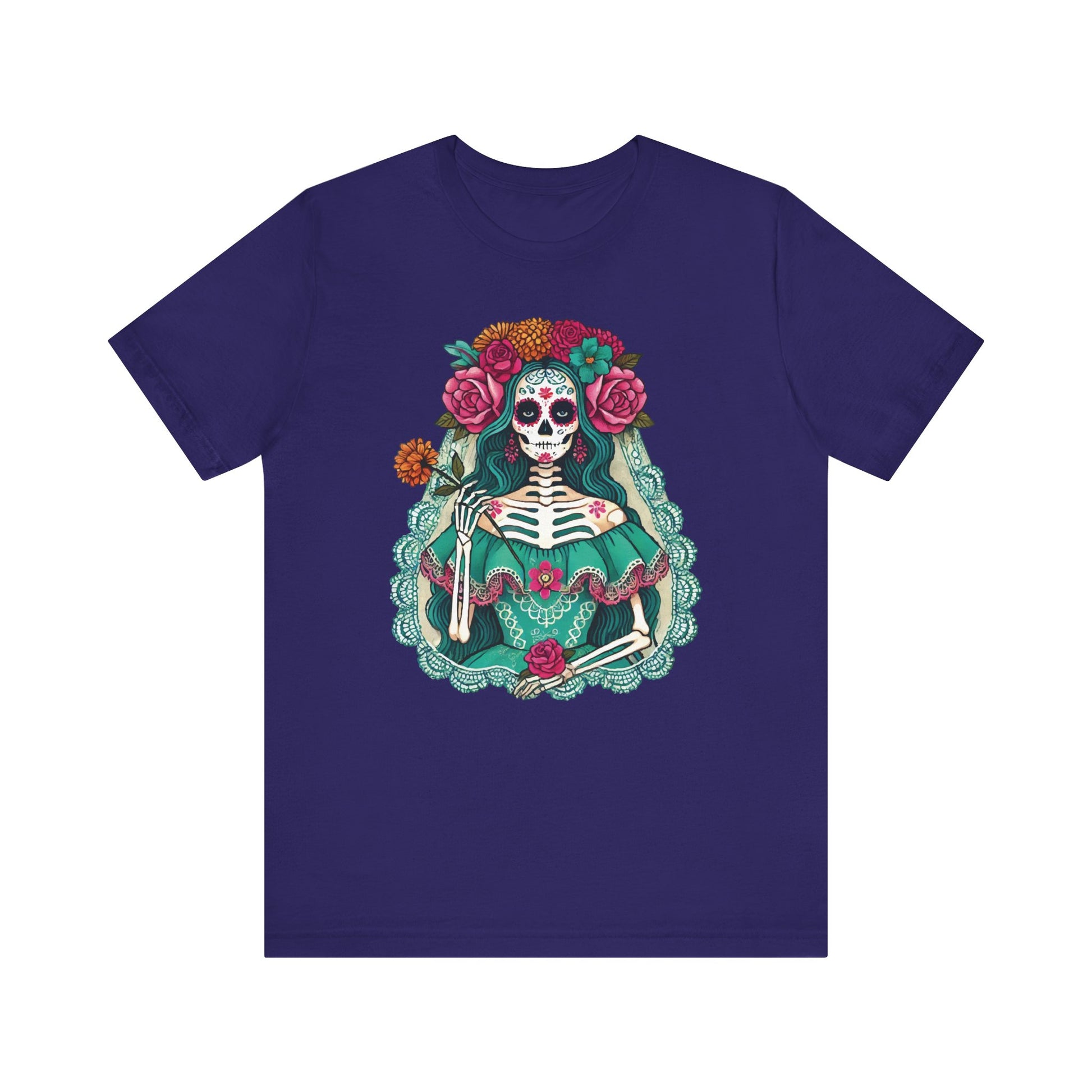 Team purple t-shirt showcasing a detailed skeleton lady with floral sugar skull makeup, teal lace dress, and colorful flowers — honoring La Catrina tradition.

