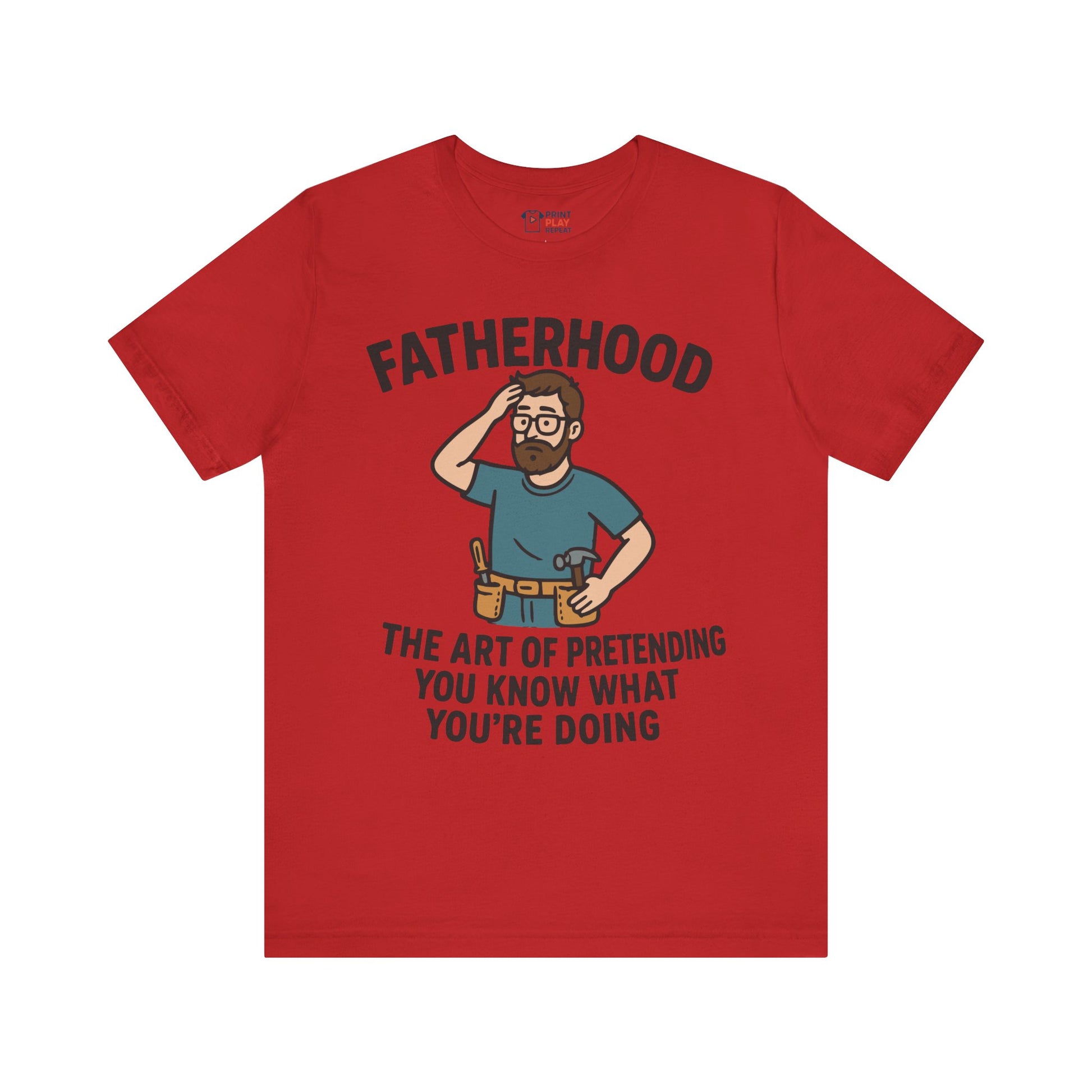 Red t-shirt with funny fatherhood quote and a confused cartoon dad illustration, perfect gift for any dad.
