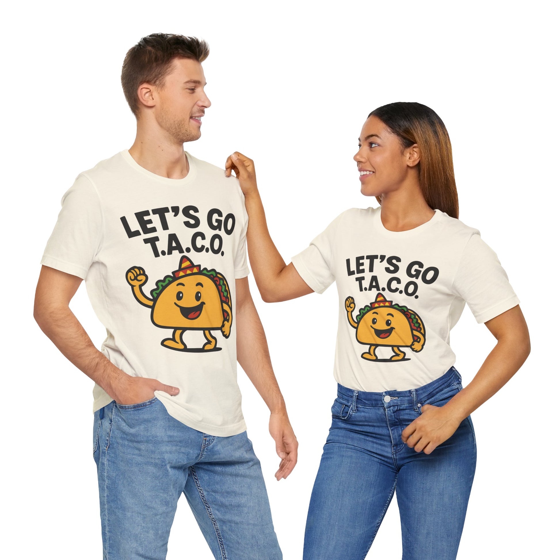 Couple Natural color t-shirt with bold "LET'S GO T.A.C.O." text and a happy cartoon taco wearing a sombrero, great for foodie style.

