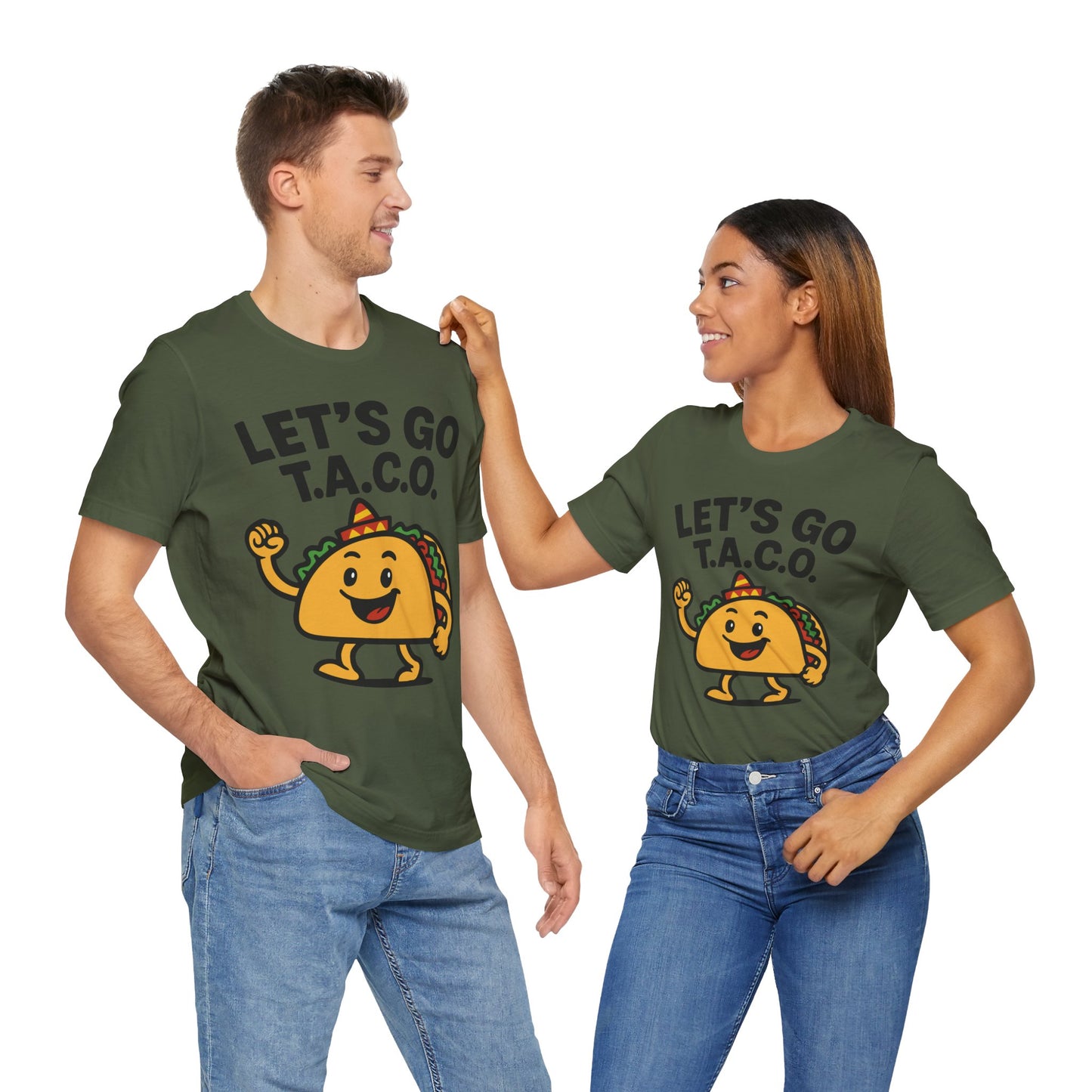 Couple Navy t-shirt with the phrase "LET'S GO T.A.C.O." in bold white letters and a smiling cartoon taco in a sombrero.


