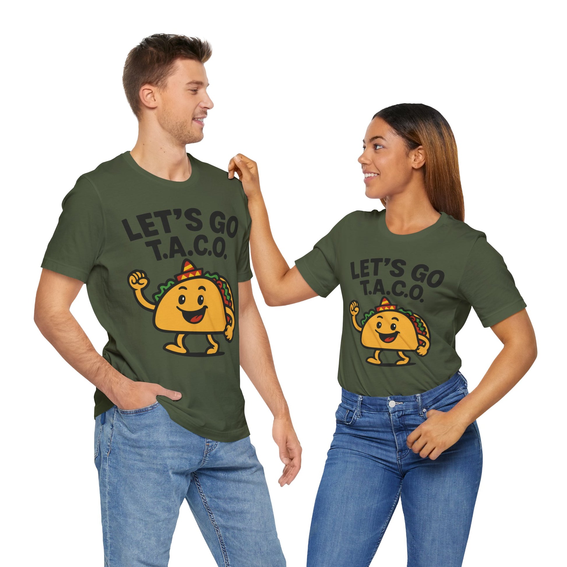 Couple Navy t-shirt with the phrase "LET'S GO T.A.C.O." in bold white letters and a smiling cartoon taco in a sombrero.

