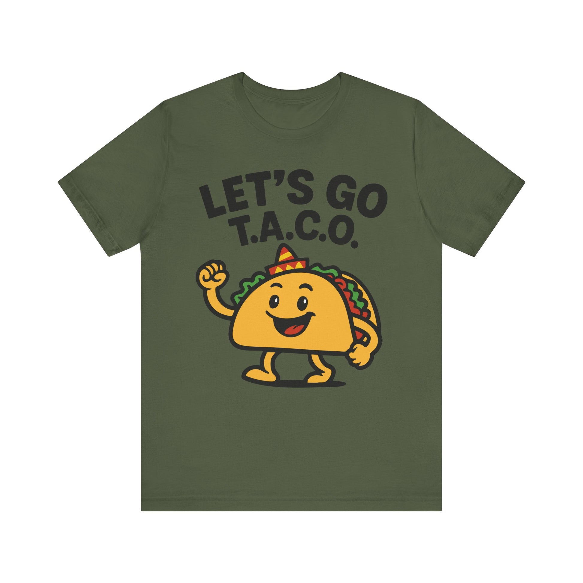 Navy t-shirt with the phrase "LET'S GO T.A.C.O." in bold white letters and a smiling cartoon taco in a sombrero.

