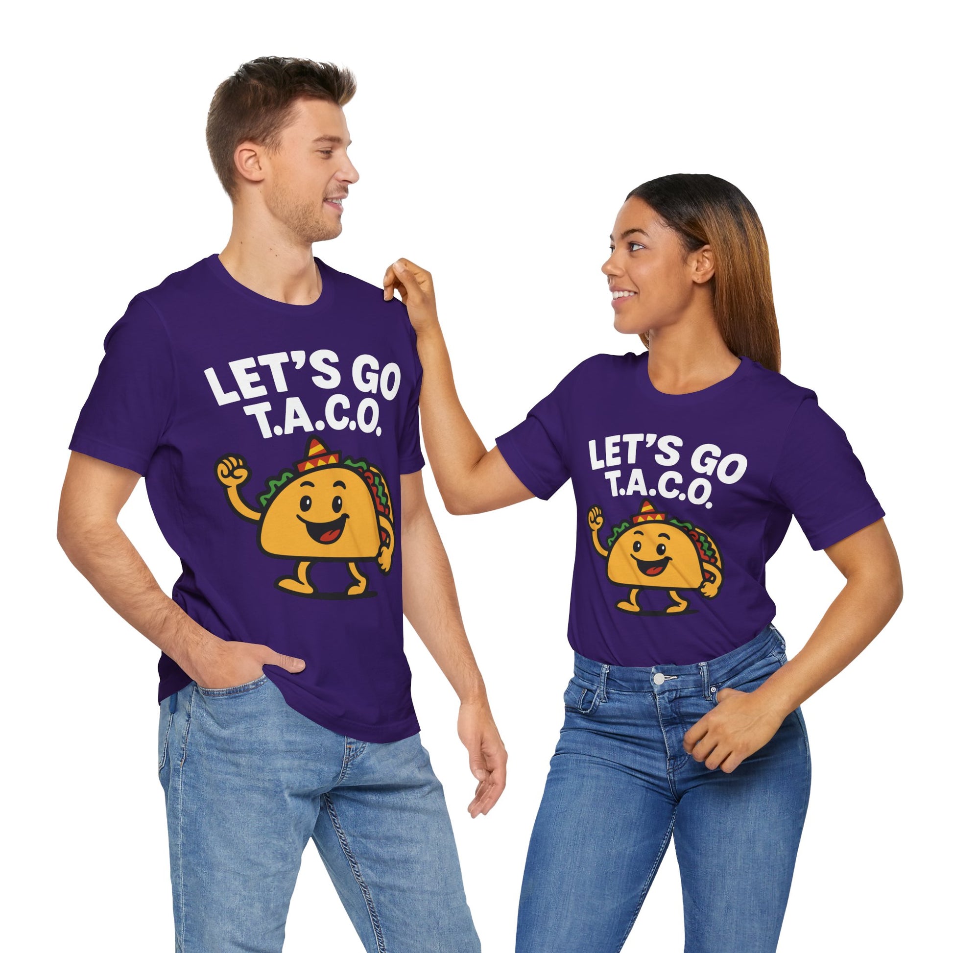 Couple Team purple t-shirt with "LET'S GO T.A.C.O." slogan and a cute cartoon taco wearing a sombrero, fun for taco lovers and foodie fashion.

