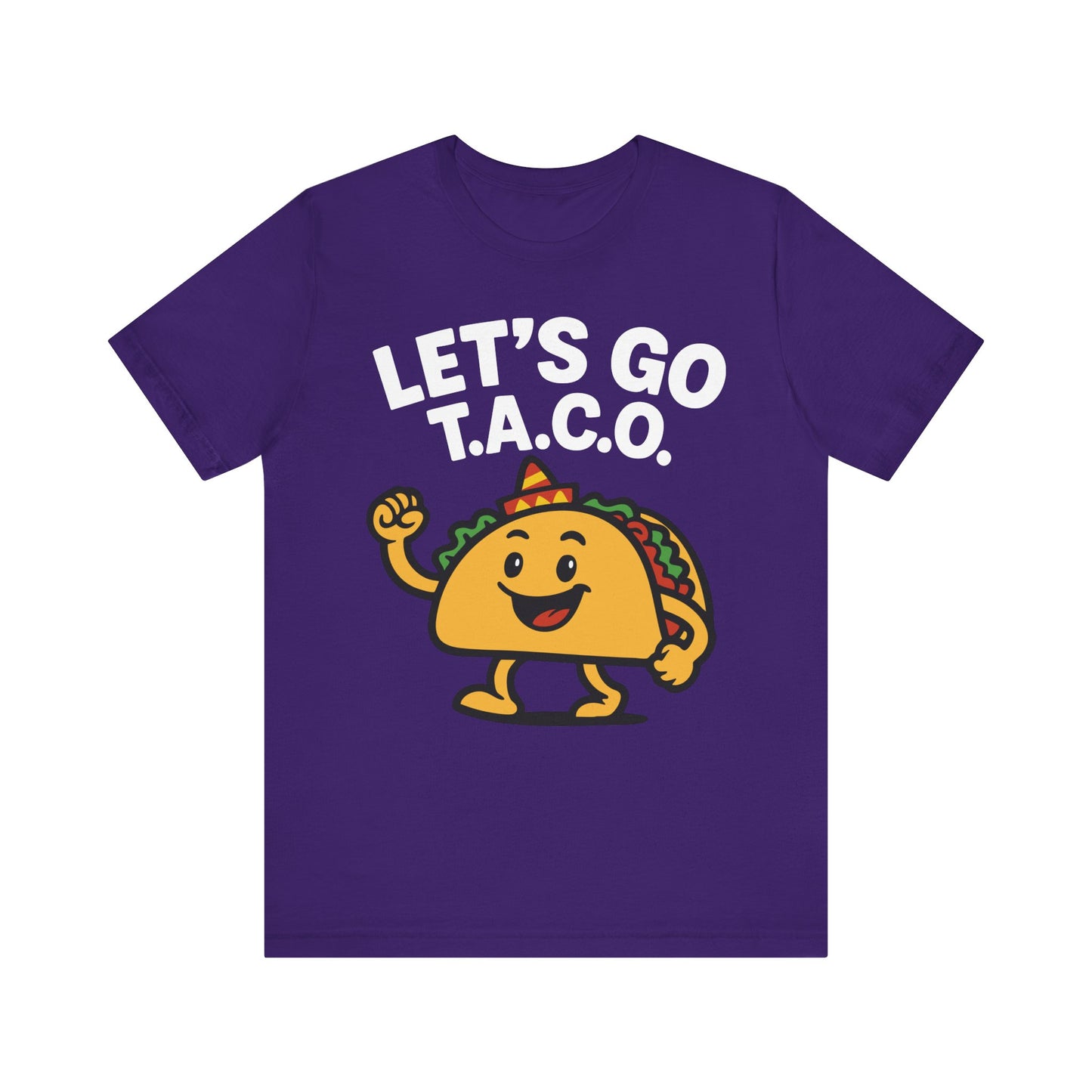 Team purple t-shirt with "LET'S GO T.A.C.O." slogan and a cute cartoon taco wearing a sombrero, fun for taco lovers and foodie fashion.

