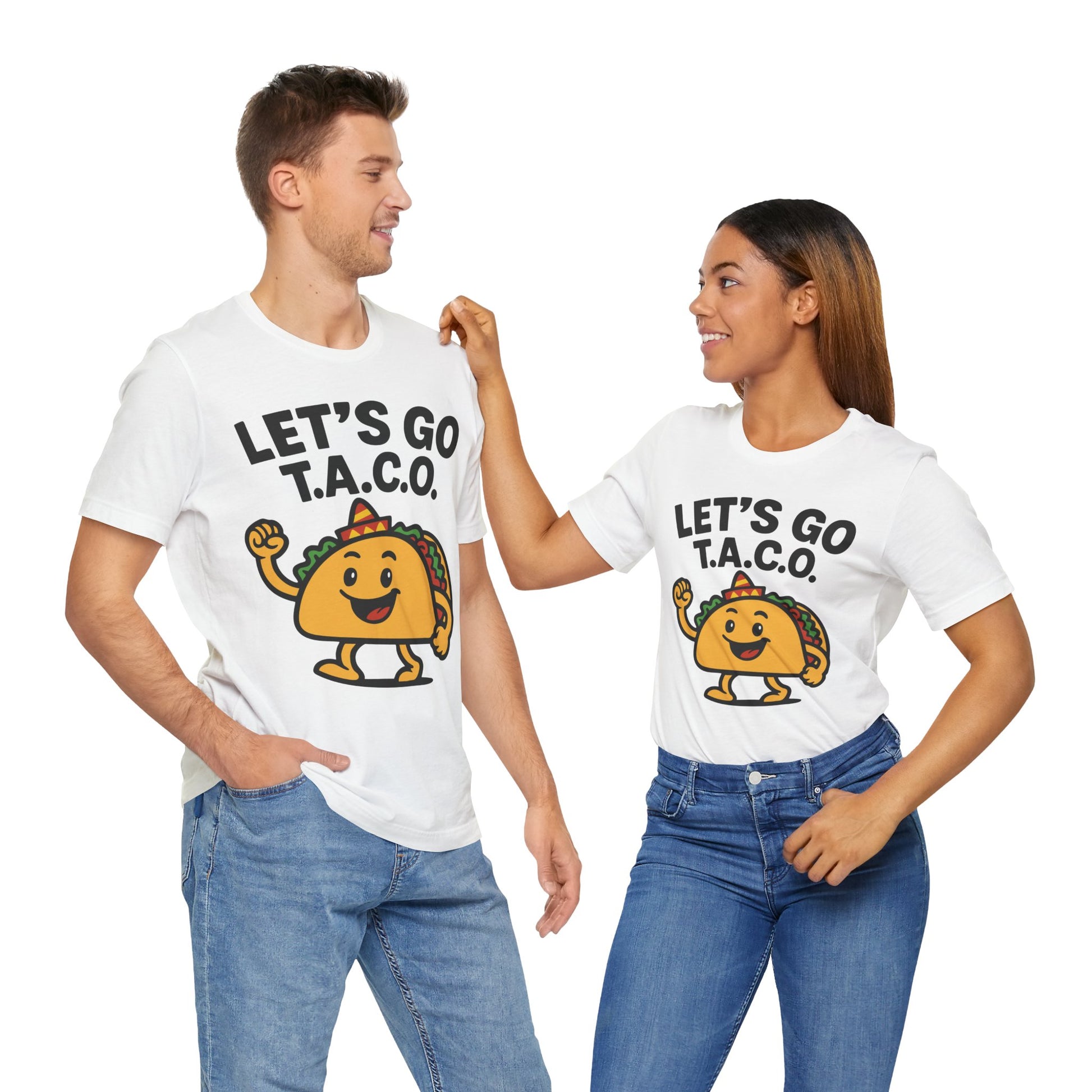Couple White t-shirt with bold black "LET'S GO T.A.C.O." text and a smiling cartoon taco in a festive sombrero.

