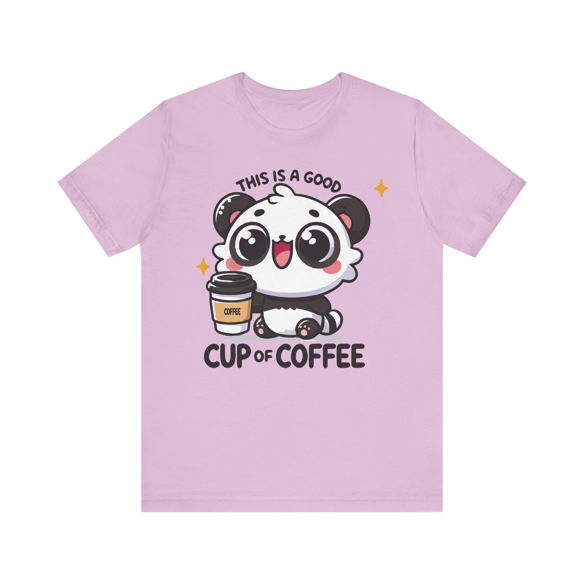Lilac t-shirt with a happy cartoon panda and the text “This Is a Good Cup of Coffee” in a cute bold font.
