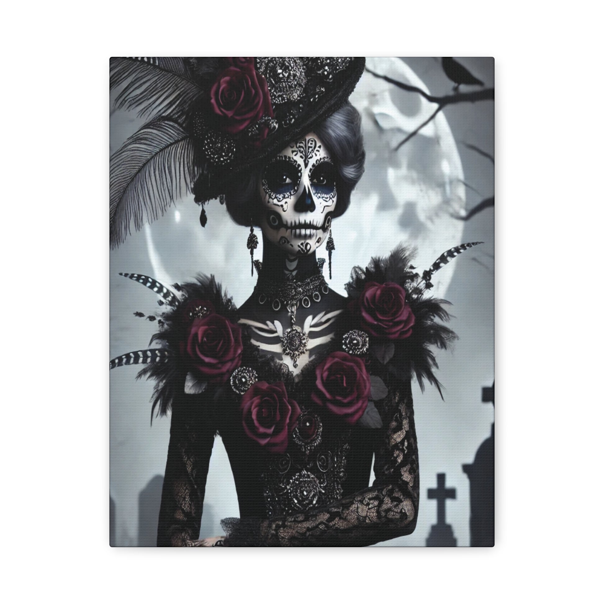 Canvas print of a gothic woman with a sugar skull face, wearing a black lace dress adorned with deep red roses, feathers, and ornate jewelry, set against a full moon and graveyard background.

