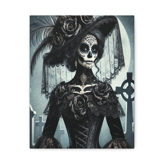 Canvas artwork of a gothic woman in a Victorian black lace dress and wide-brim hat adorned with roses, featuring a sugar skull face design, set against a graveyard with a full moon.


