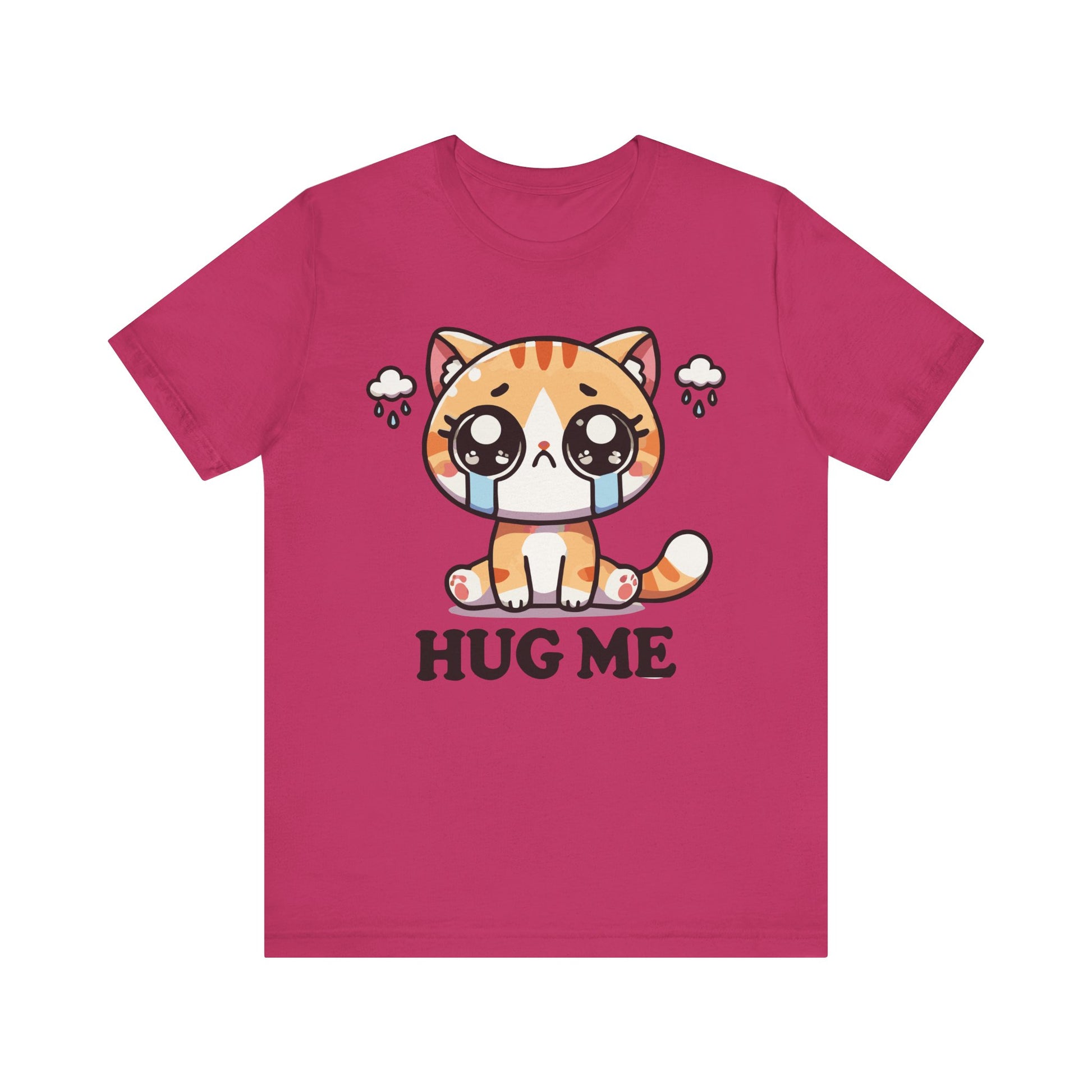 Berry-colored t-shirt with a teary-eyed orange tabby cartoon cat under sad rain clouds, sitting above the text "Hug Me" in bold black font.

