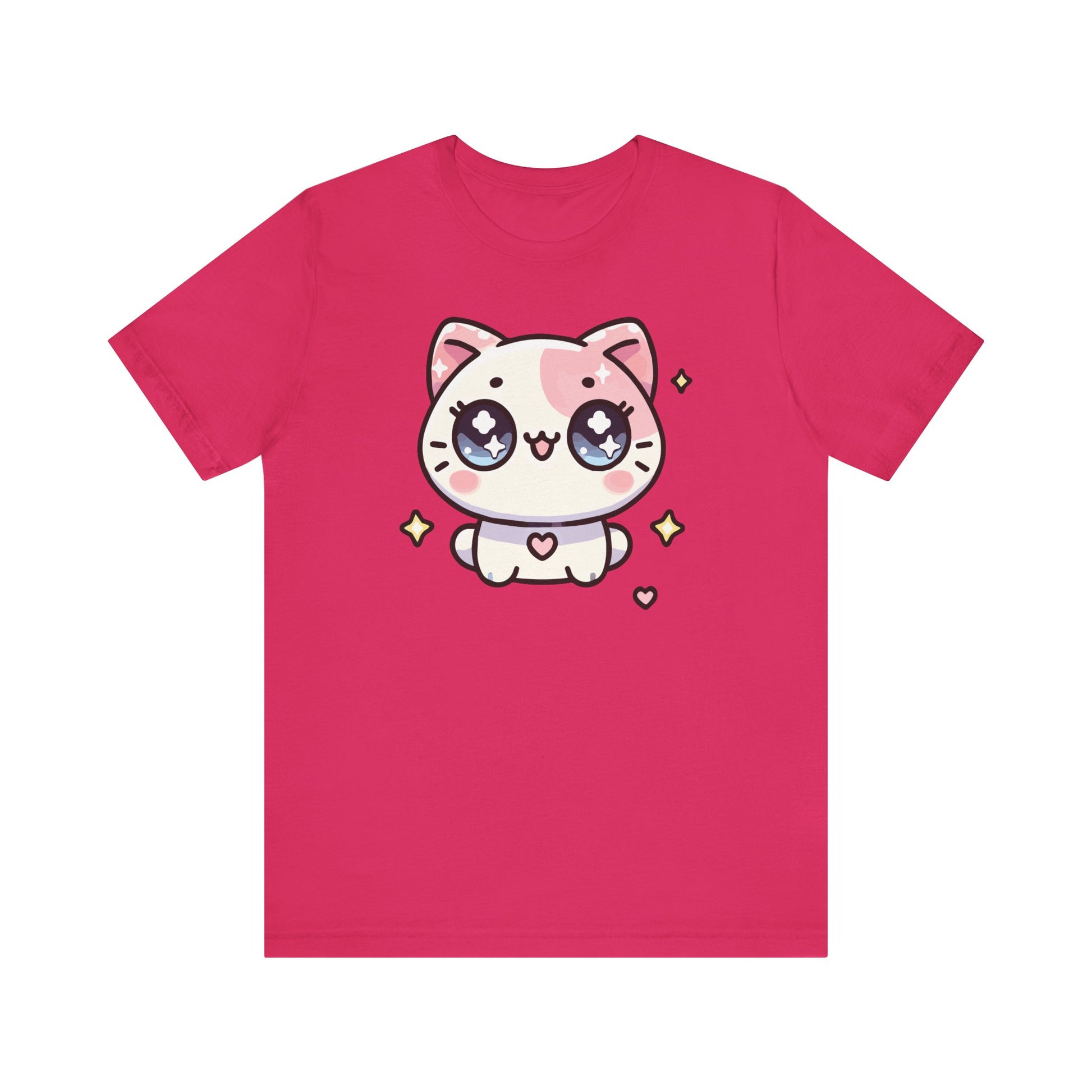 Fuchsia t-shirt with a kawaii anime cat, blushing cheeks, big sparkling eyes, surrounded by pastel stars and hearts.
