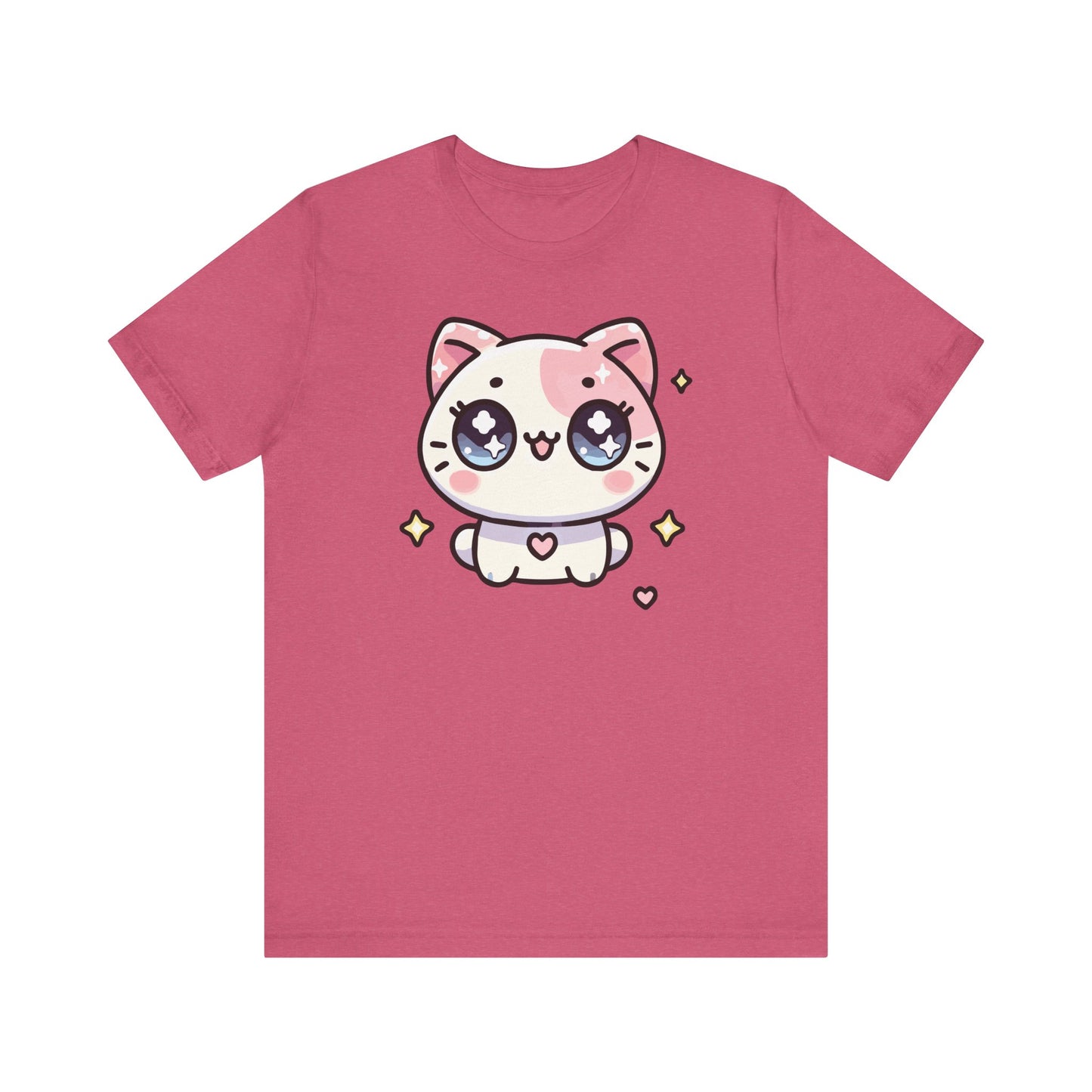Heather raspberry t-shirt with a cute blushing cat in pastel tones with heart-shaped details and sparkles, in kawaii style.
