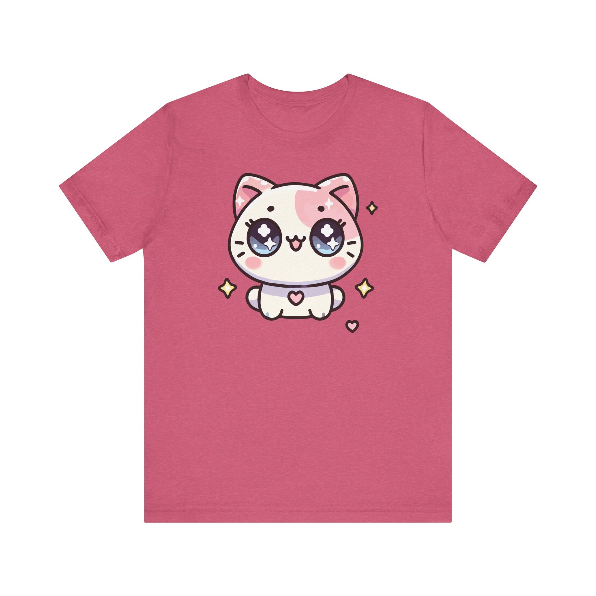 Heather raspberry t-shirt with a cute blushing cat in pastel tones with heart-shaped details and sparkles, in kawaii style.
