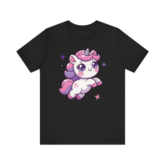 Black t-shirt with a kawaii flying unicorn with purple and pink mane, pastel colors, sparkling eyes, and surrounded by twinkling stars in anime style.

