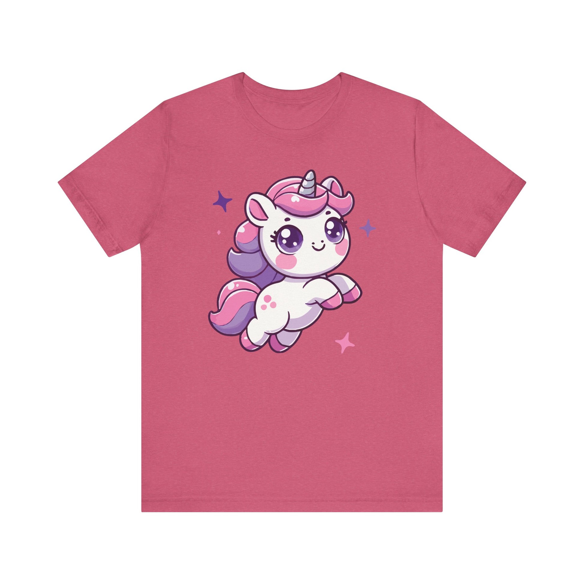 Heather raspberry t-shirt with an anime-inspired kawaii unicorn in mid-flight, pastel pink/purple mane, and surrounded by sparkling stars.

