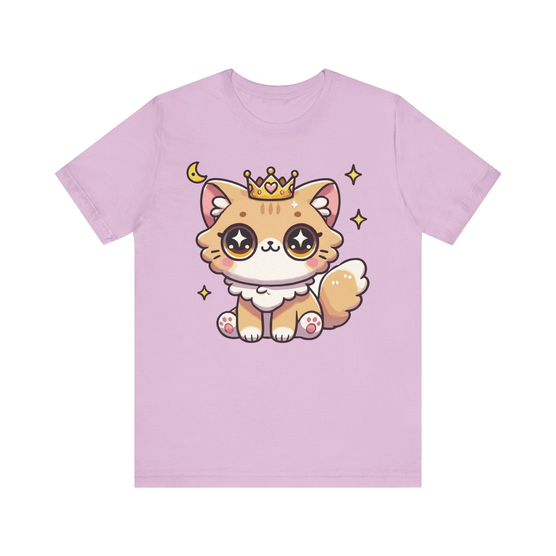 Lilac t-shirt with a cute anime-inspired princess cat, golden crown, twinkling stars, and big expressive kawaii eyes.
