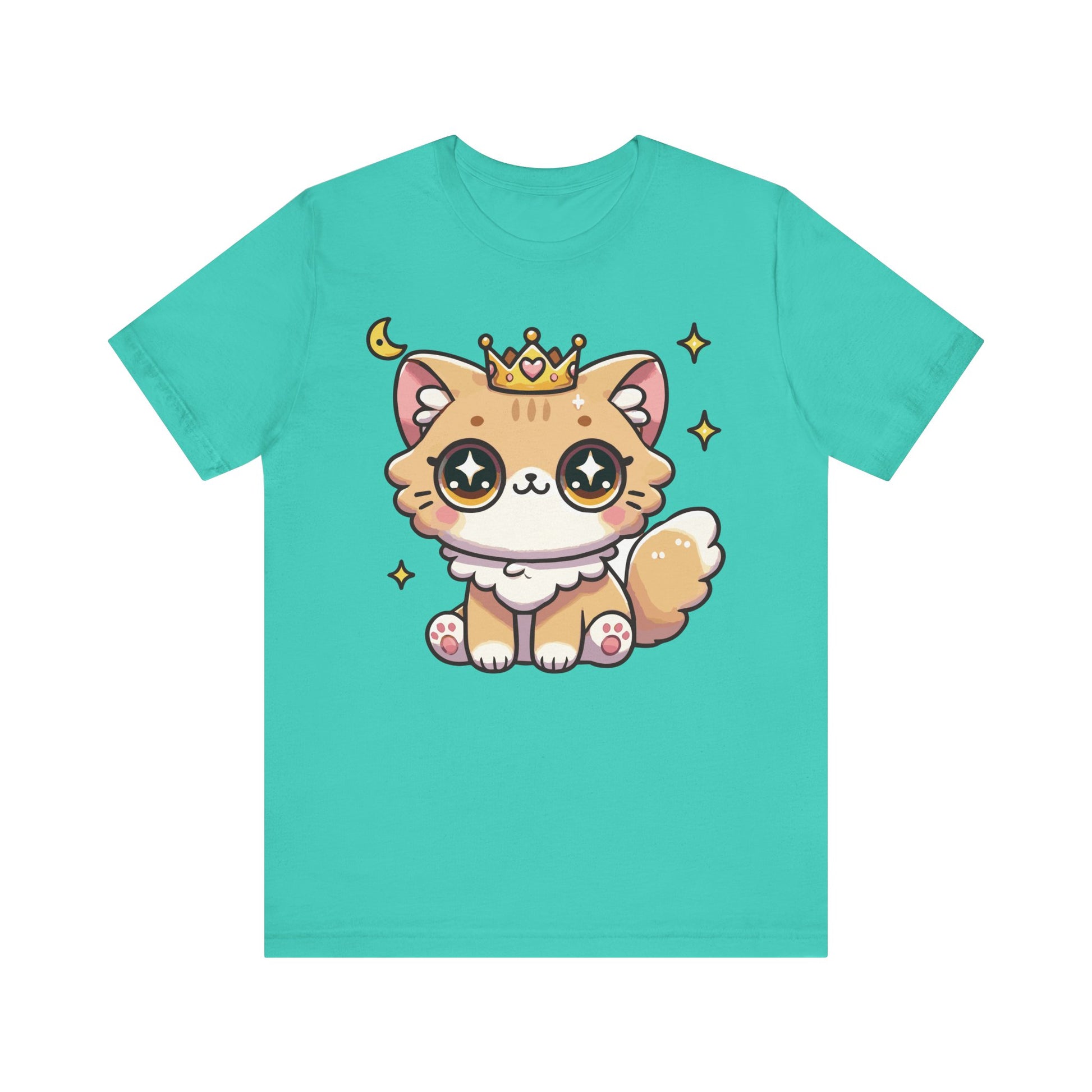 Teal t-shirt with an adorable kawaii princess orange cat, gold crown, and sparkles — a perfect mix of cute and regal.

