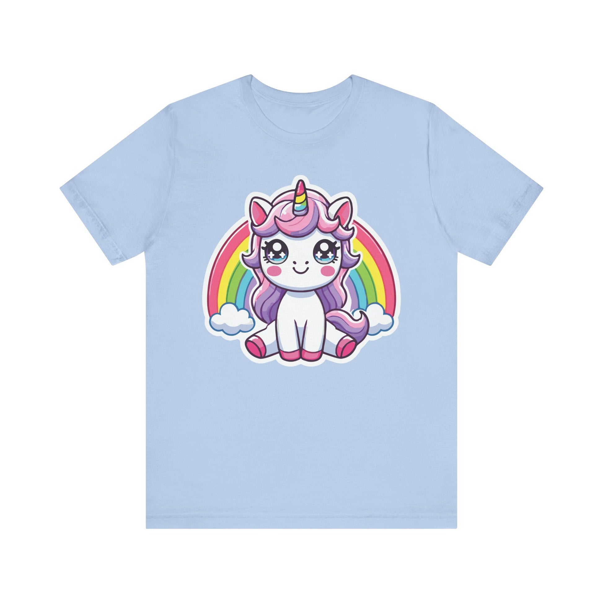 Baby blue t-shirt with an adorable kawaii unicorn in pastel tones, purple mane, rainbow horn, and bright rainbow background.
