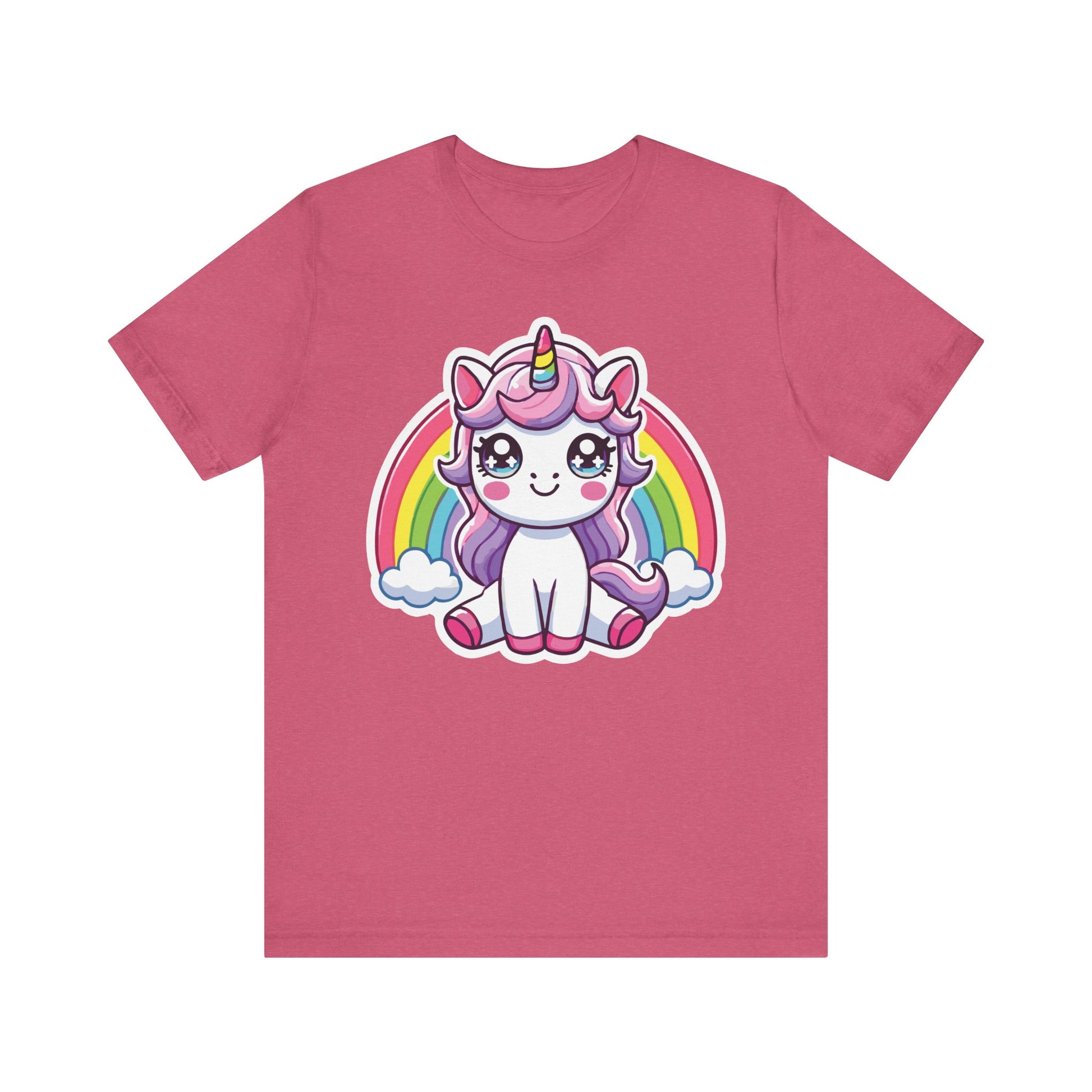 Heather raspberry t-shirt with an adorable anime-style kawaii unicorn, pastel rainbow background, and sparkly cute details.
