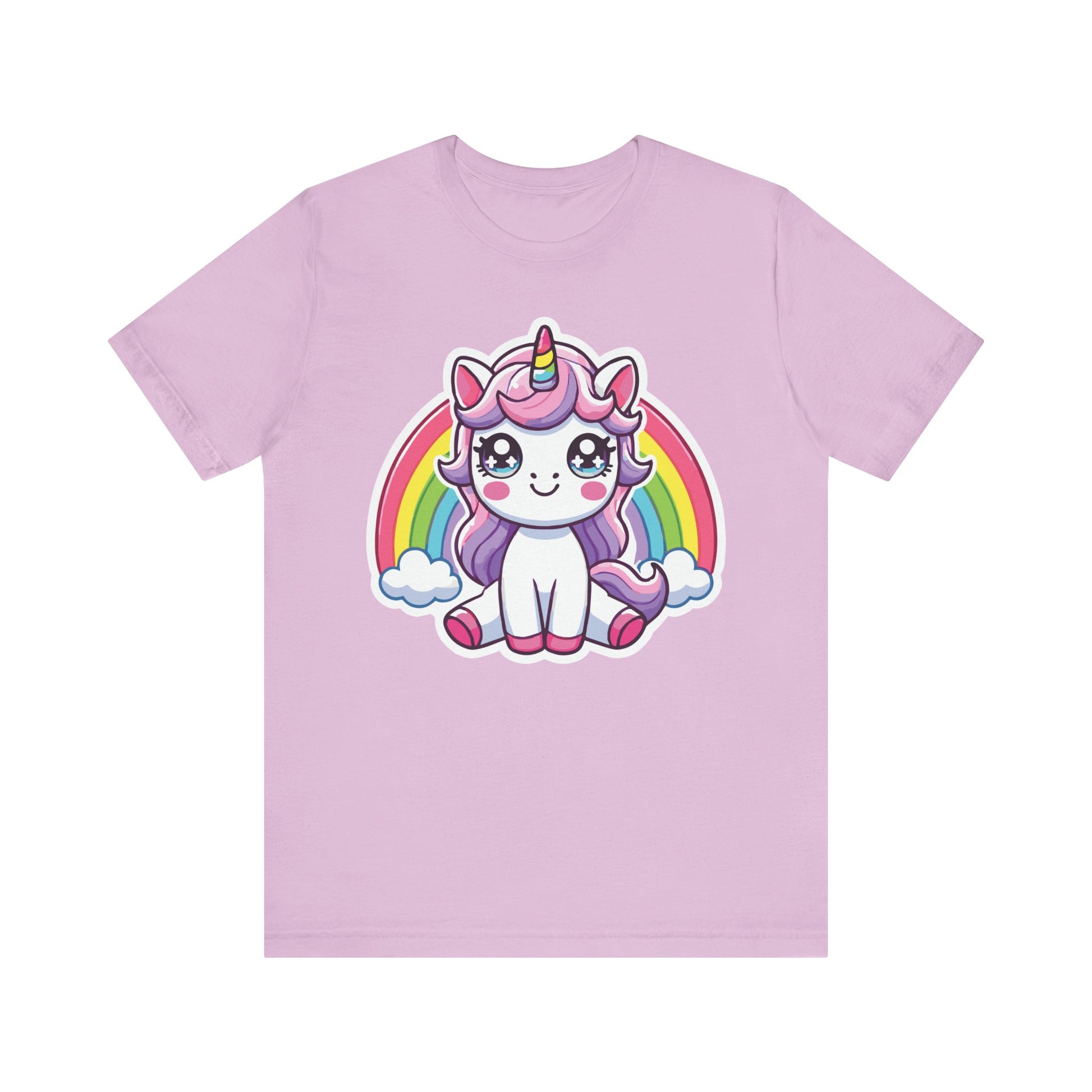 Lilac t-shirt featuring a cute pastel unicorn with purple hair, rainbow horn, sparkling anime eyes, and rainbow with clouds.
