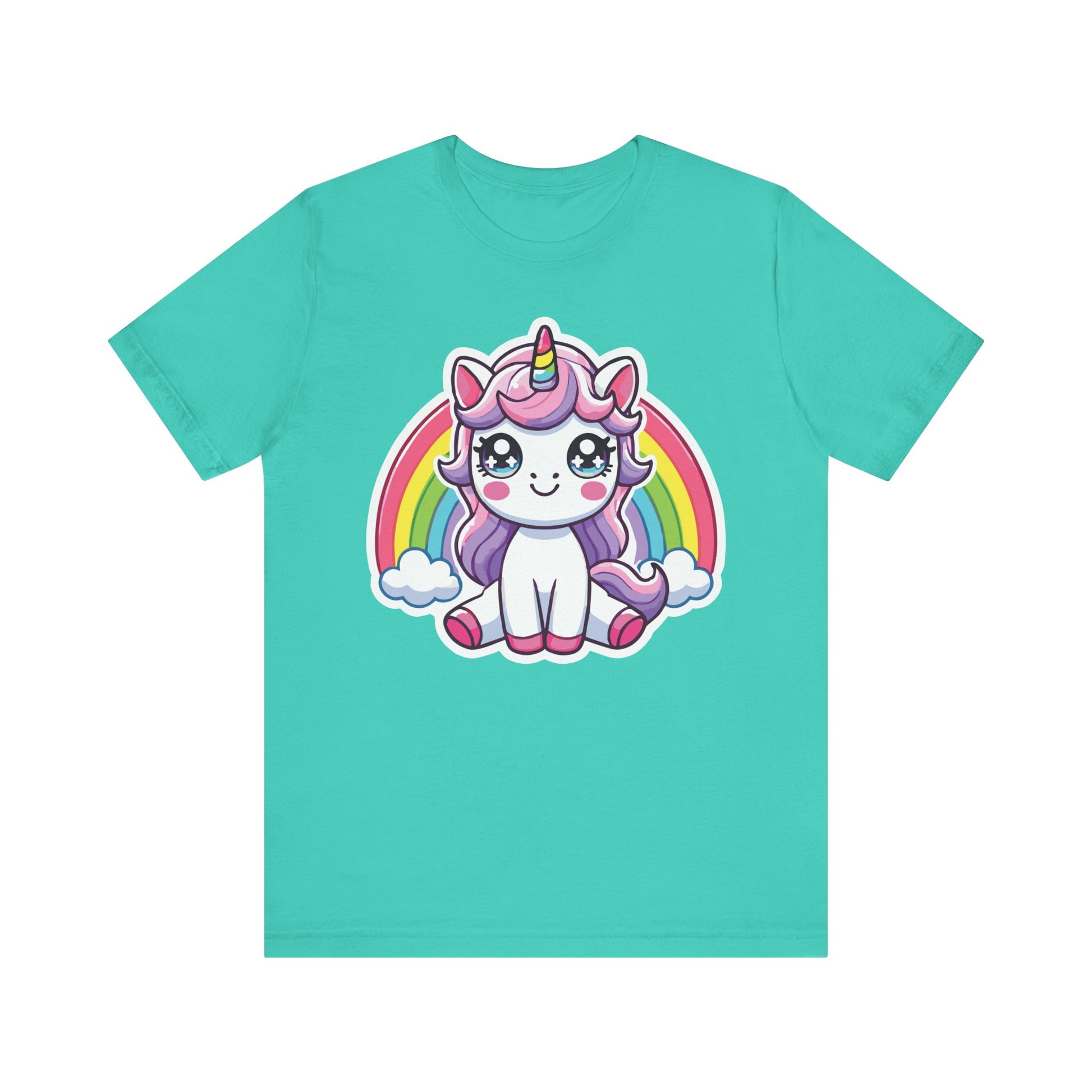 Teal t-shirt with a pastel kawaii unicorn, purple mane, rainbow horn, and sparkling anime eyes in front of a bright rainbow with clouds.
