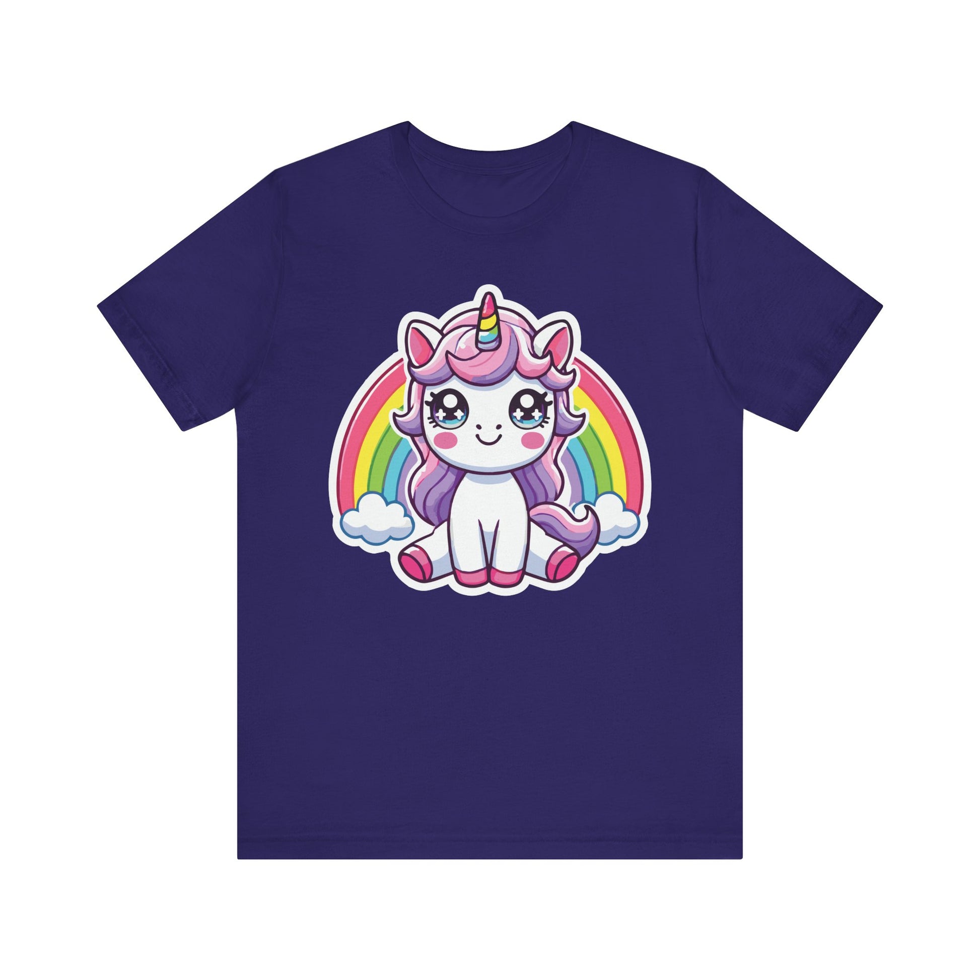 Team purple t-shirt featuring a kawaii unicorn with rainbow horn, purple mane, sparkly anime eyes, and pastel rainbow with fluffy clouds.

