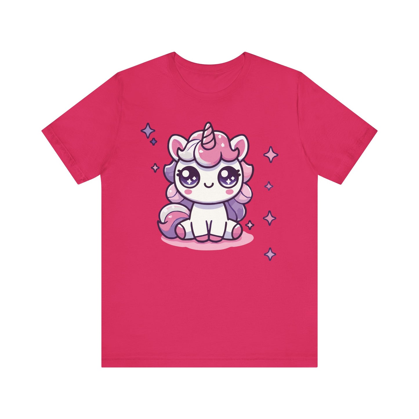 Fuchsia t-shirt with an adorable kawaii sitting unicorn, pastel pink/purple mane, sparkling anime eyes, and twinkling stars.
